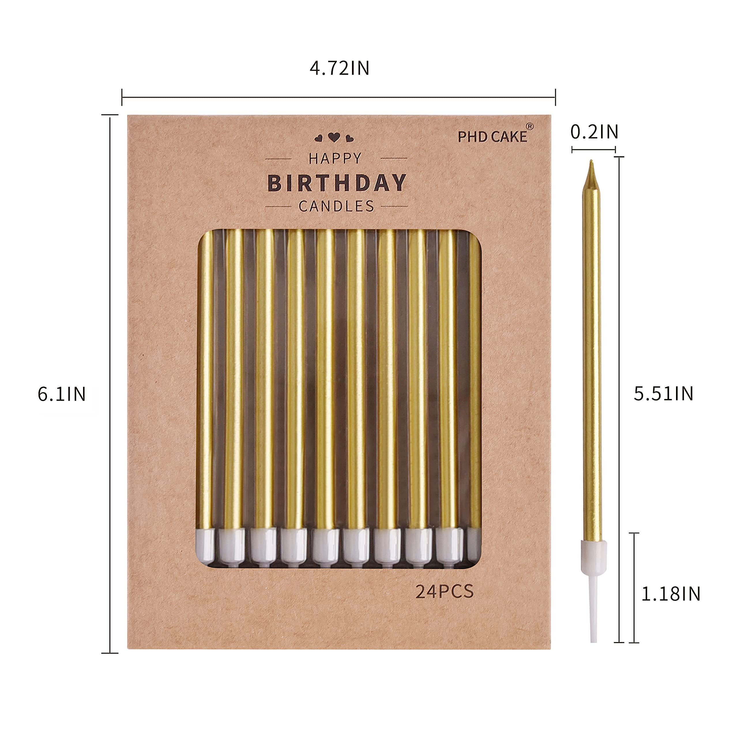 PHD CAKE 24-Count Gold Long Thin Metallic Birthday Candles, Cake Candles, Birthday Parties, Wedding Decorations, Party Candles, Cake Decorations - Unscented