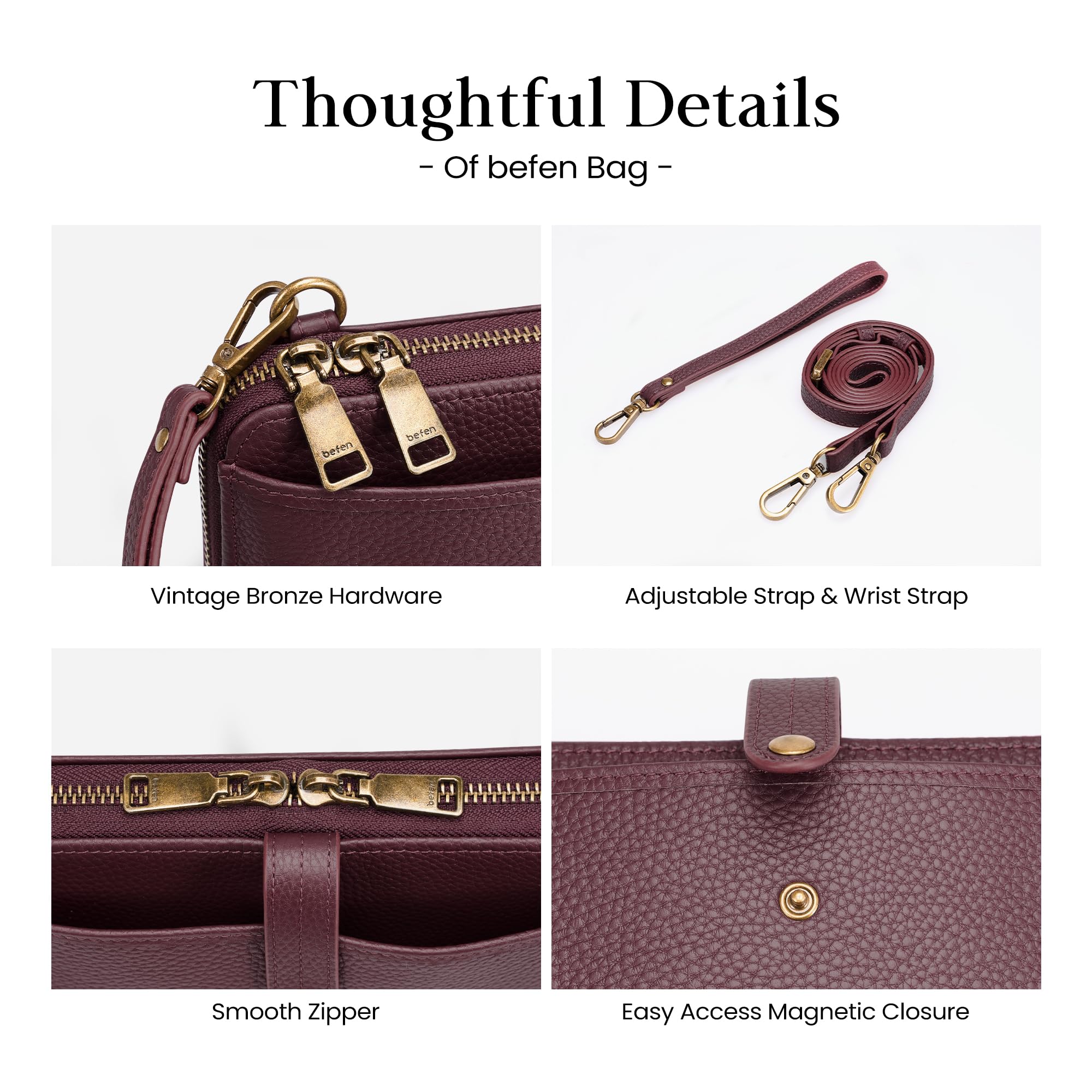 befen Genuine Leather Clutch Purse for Women Burgundy Purse with Built in Wallet RFID Wristlet Wallets Cell Phone Crossbody Travel Soft Real Leather Crossbody Bags Small Wristlet Clutch with 2 Straps