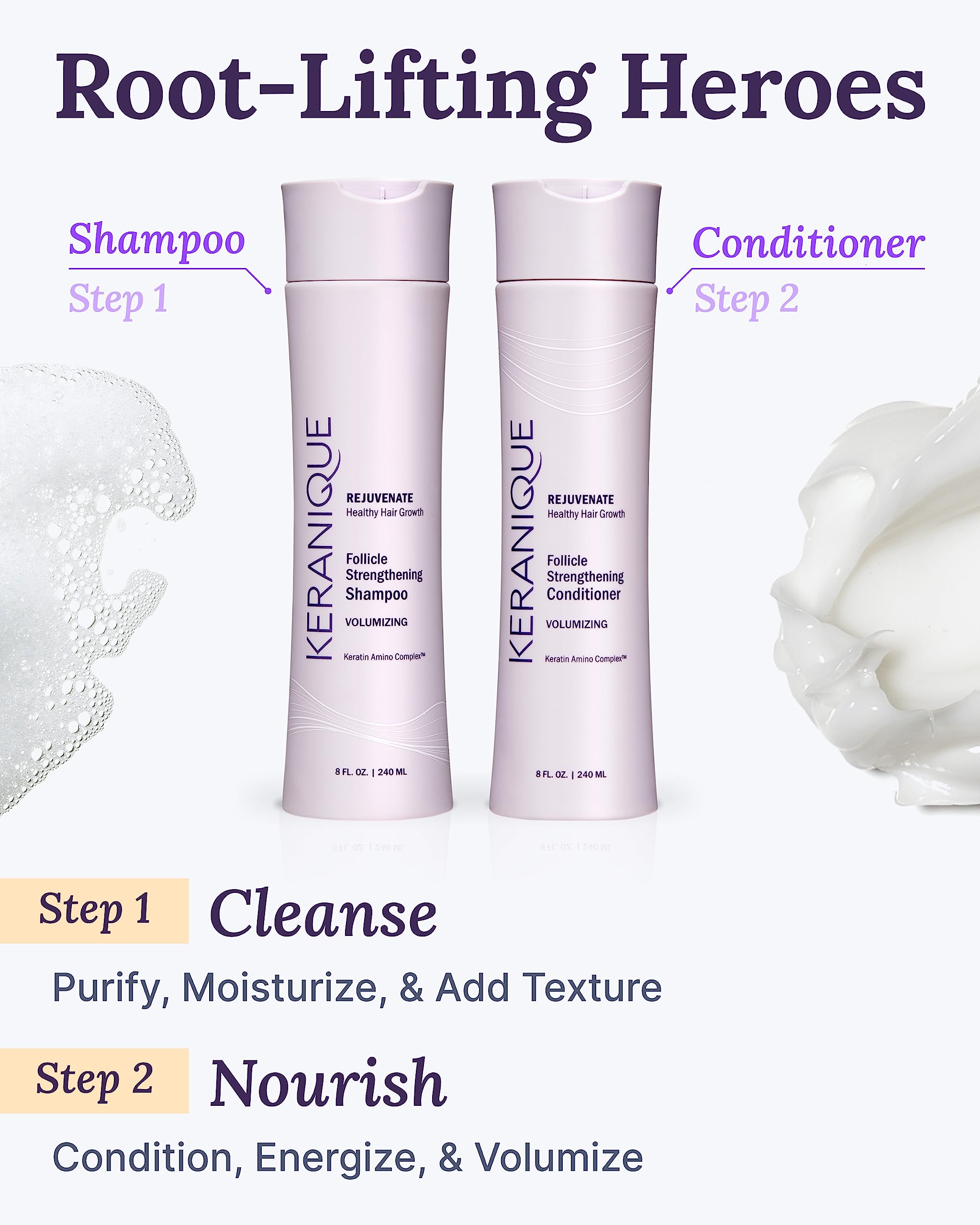 Keranique Volumizing Shampoo & Conditioner Set for Hair Repair, Growth & Thinning Hair Support – Keratin, Biotin, Menthol & Niacinamide, Lightweight Strengthening Formula - Keratin Amino Complex™