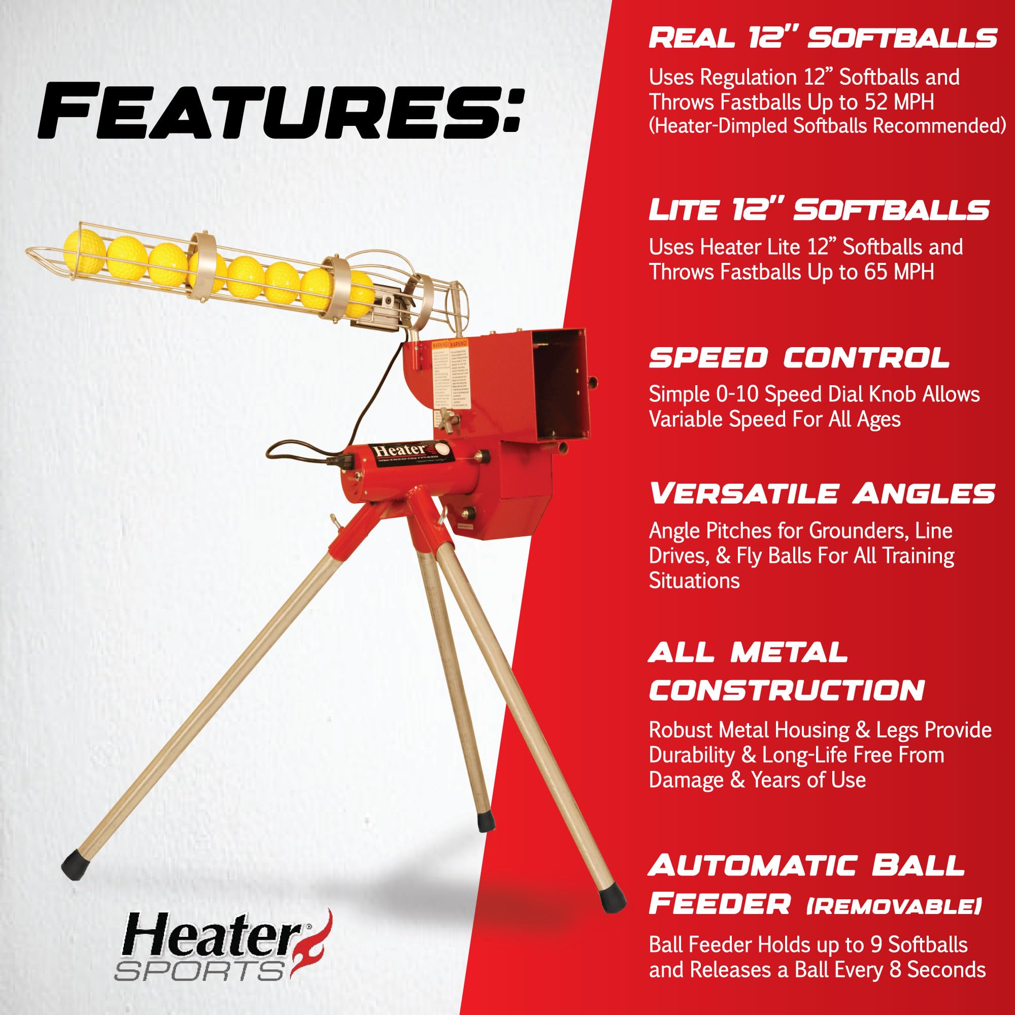 Heater Sports Softball Pitching Machine with 9 Ball Automatic Feeder