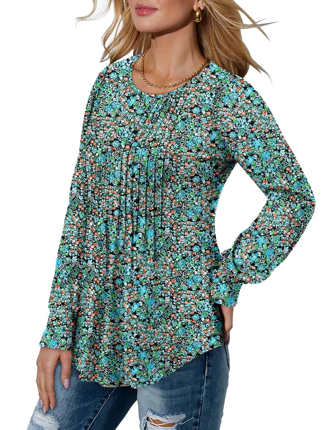 BETTE BOUTIK plus size womens tops spring fall long sleeve tunic tops for women loose fit floral shirt Painted Blue X-Large