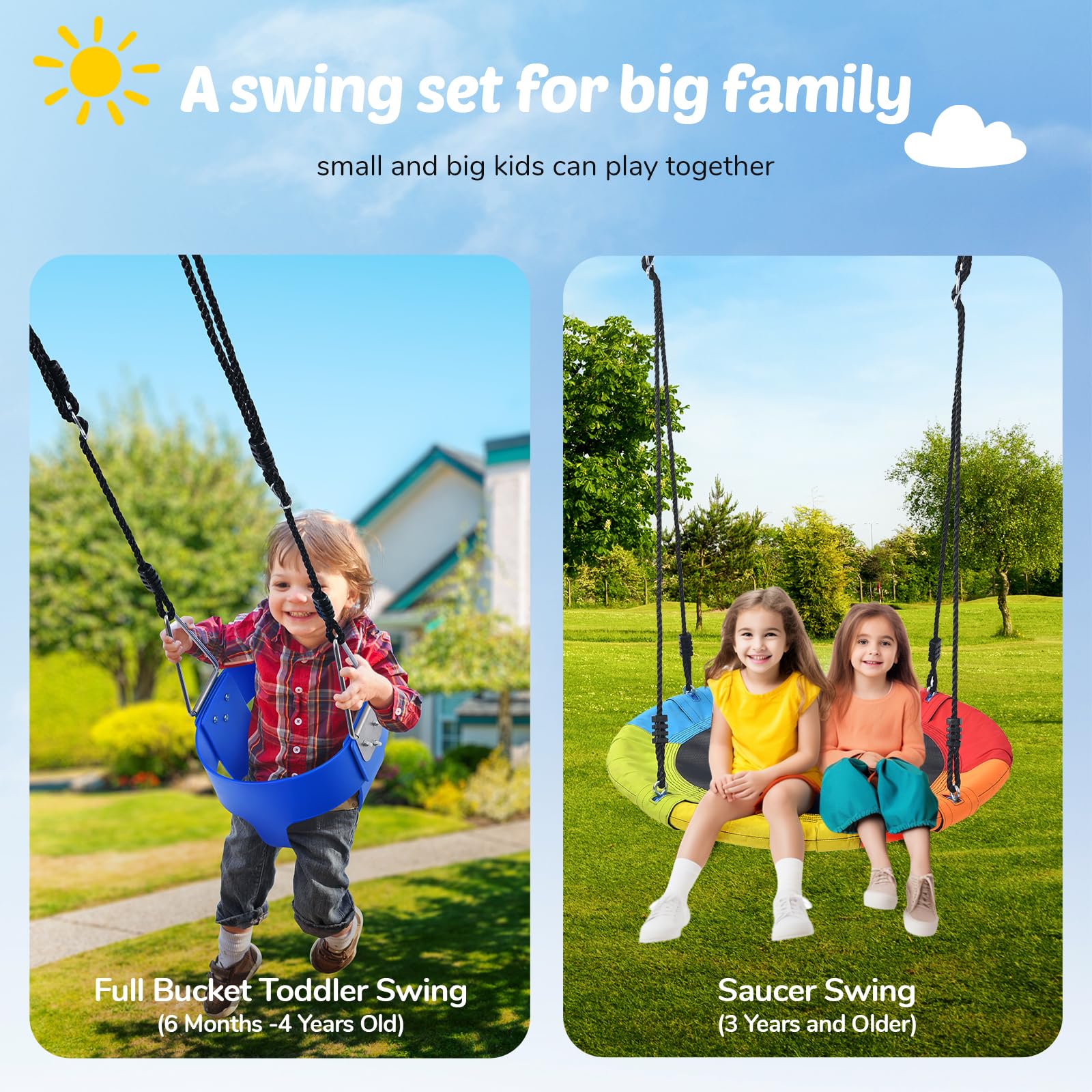 Trekassy Swing Set for Backyard, 440lbs Heavy Duty A-Frame Metal Swing Stand with 1 Saucer Swing and 1 Toddler Swing, Outdoor Kids Play Equipment for Playground, Playset