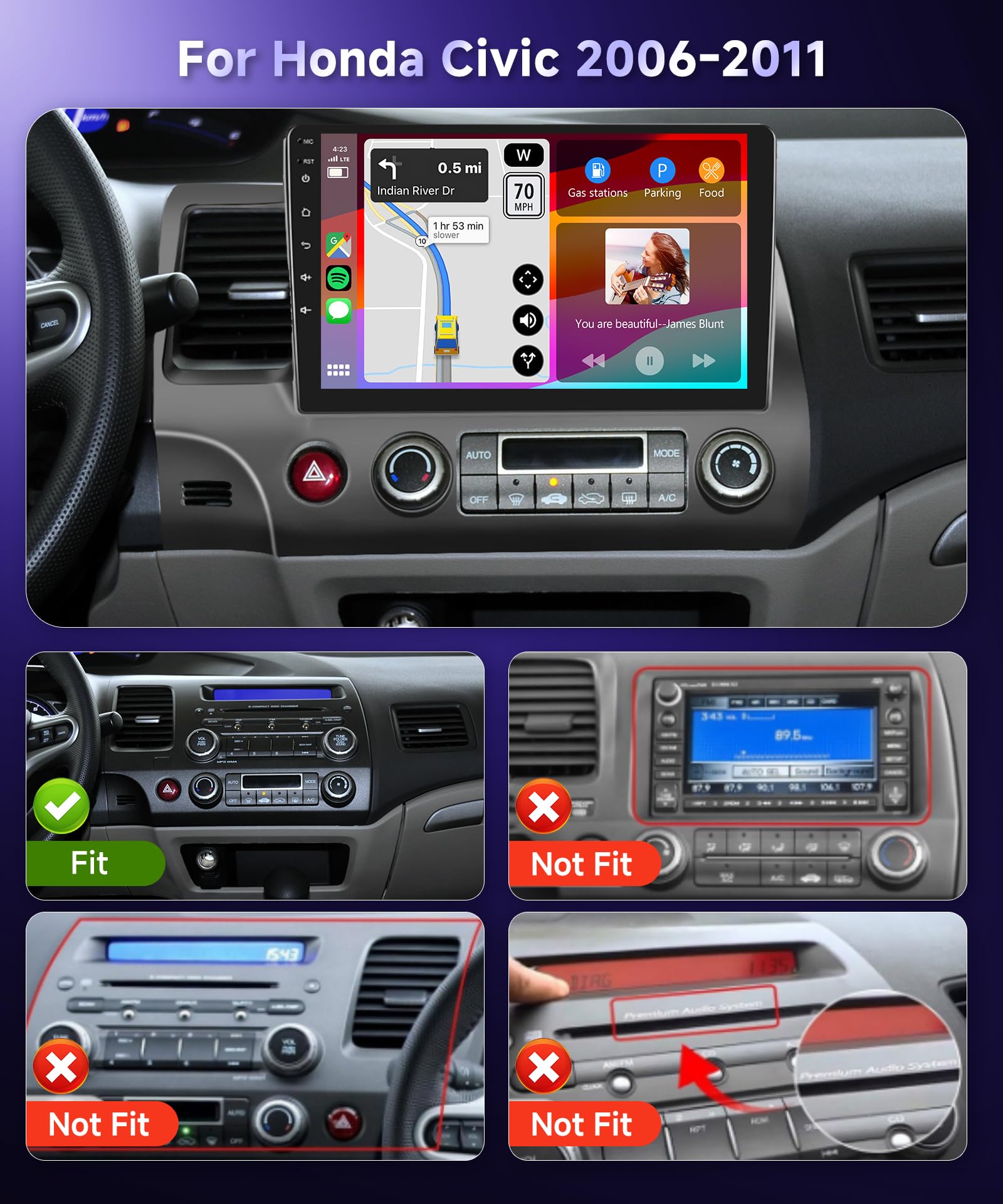 Podofo Radio for Honda Civic 2006 2007 2008 2009 2010 2011 Car Stereo with Wireless CarPlay Android Auto,10.1 Inch 1080P Touch Screen【Built-in DSP EQ GPS Chip】 Bluetooth RDS FM WiFi Camera 2G+32G