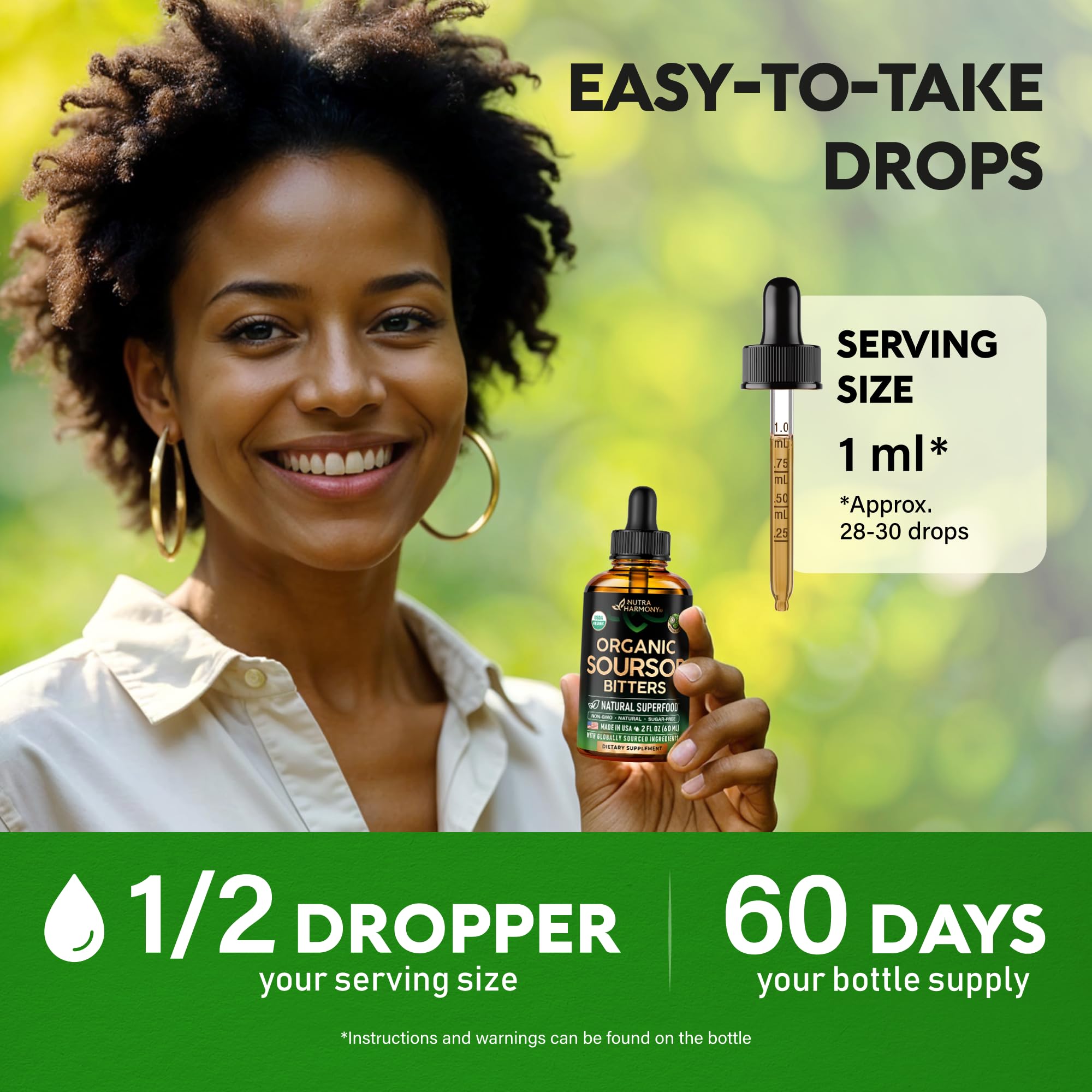 USDA Organic Soursop - Soursop Bitters Liquid - Graviola Fruit Extract - Antioxidant for Digestion & Detox | Energy Boost & Immune Support - Sugar & Alcohol-Free, Natural Taste - Made in USA - 2 Fl Oz