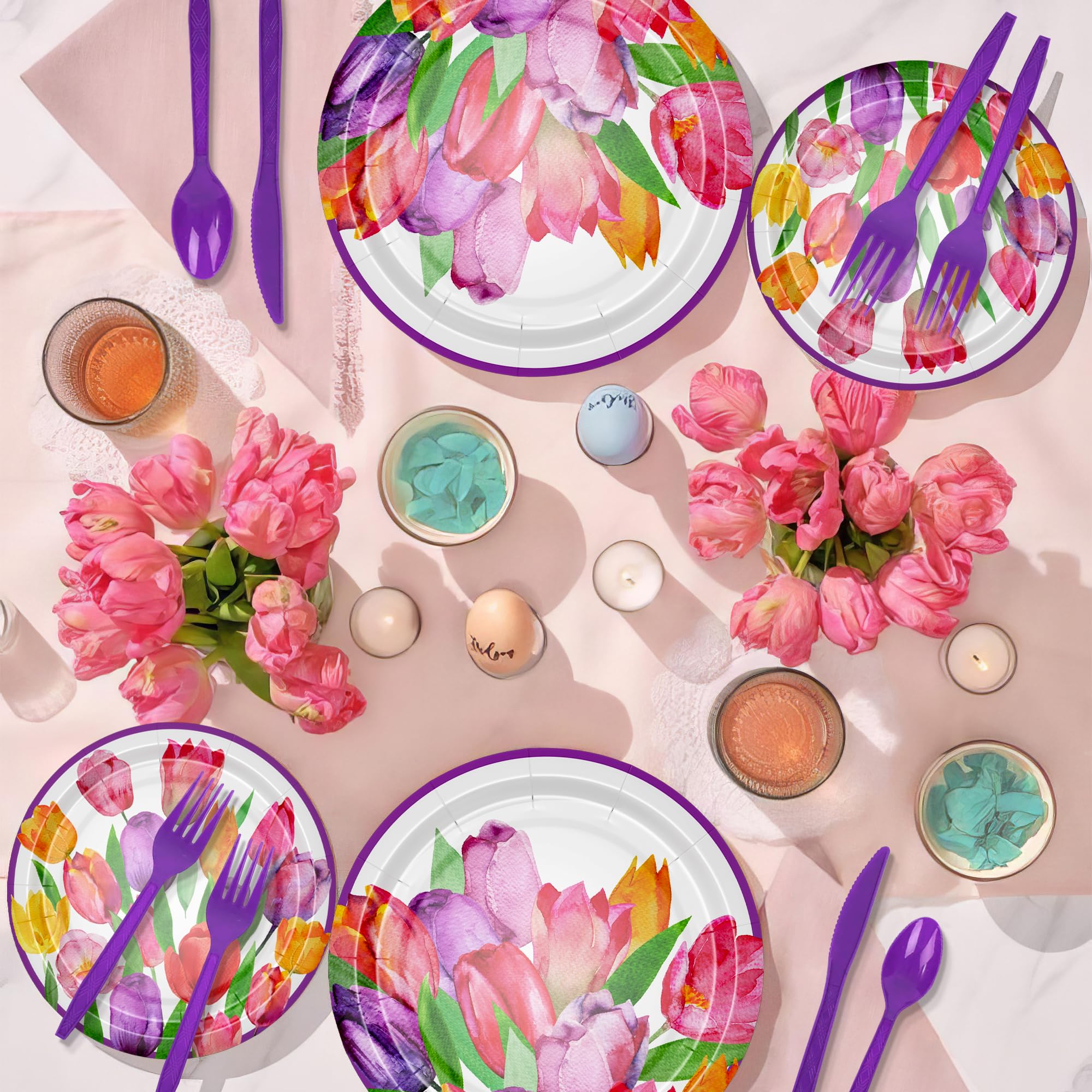 APOWBLS Tulip Floral Plates And Napkins Party Supplies, Tulip Flower Party Decorations Tableware, Plate, Cup, Napkin, Spring Summer Tulip Party Supplies For Birthday Baby Shower Tea Party | Serve 24