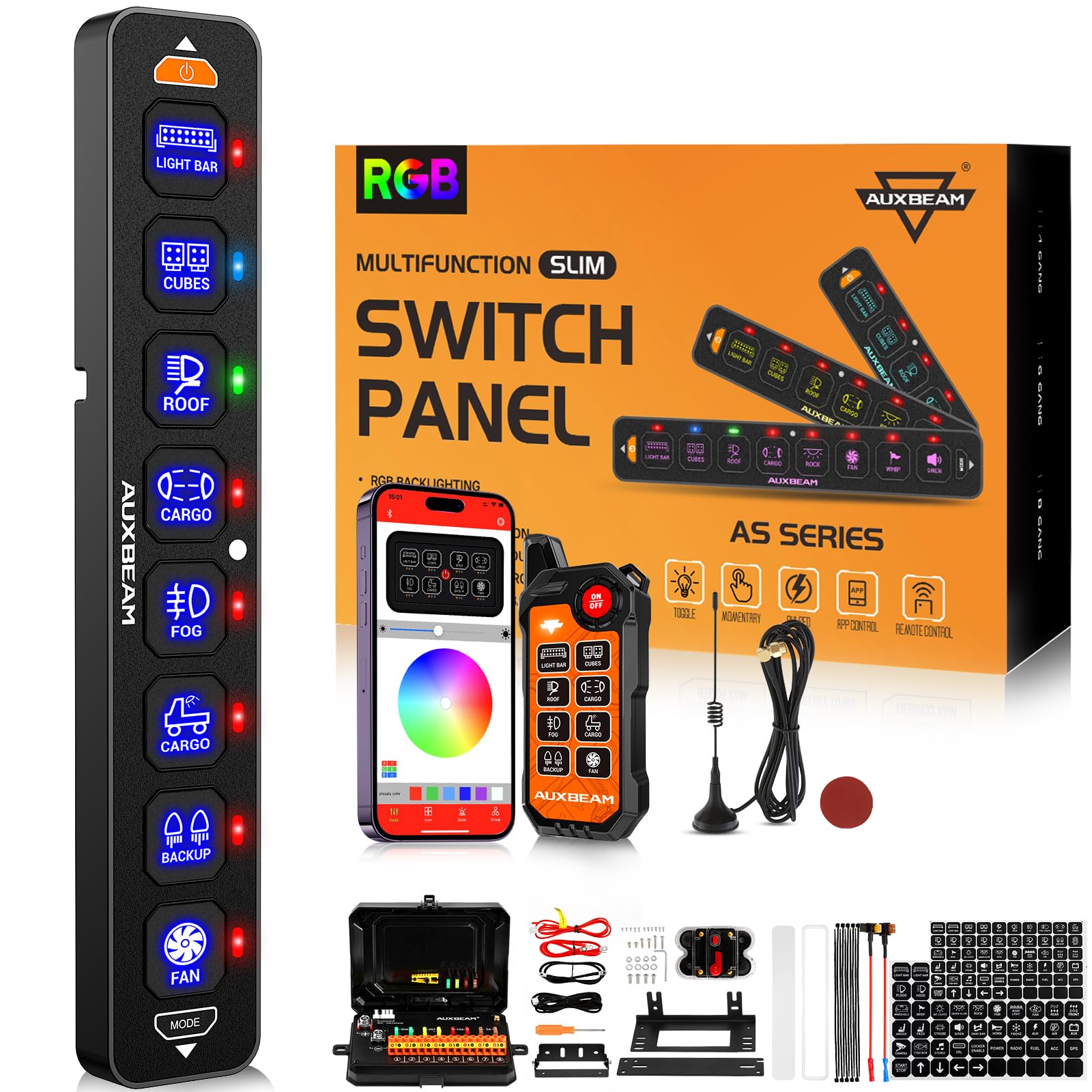 Auxbeam 8 Gang Slim Switch Panel Bluetooth RGB AS-800 with APP&Wireless Remote Control Toggle Momentary Pulsed Dimmable Switch Pod Backlit Off Panel Box for Offroad Truck Waterproof