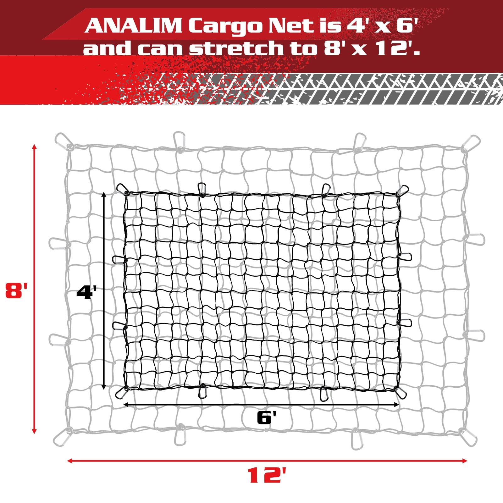 ANALIM Cargo Net for Pickup Truck Bed, 4' x 6' Stretches to 8' x 12' Heavy Duty Bungee Cargo Net with 12 Pcs Metal Carabiner Clips, Tie-Down Mesh Cord Net for Trailer Luggage