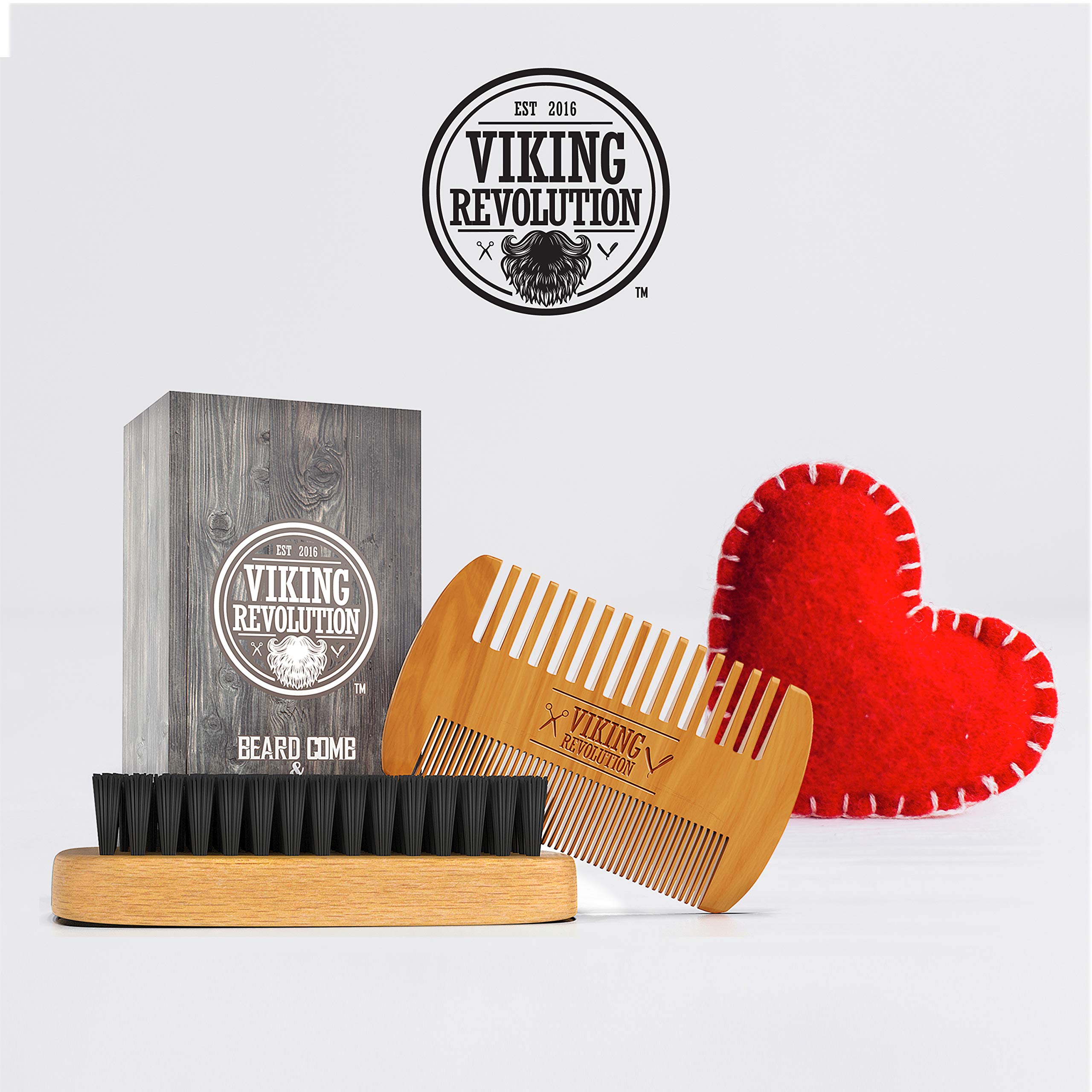 Viking Revolution Natural Boar Bristle Brush and Pear Wood Comb Set for Men - Dual Action Grooming for Beards and Mustaches with Velvet Travel Pouch