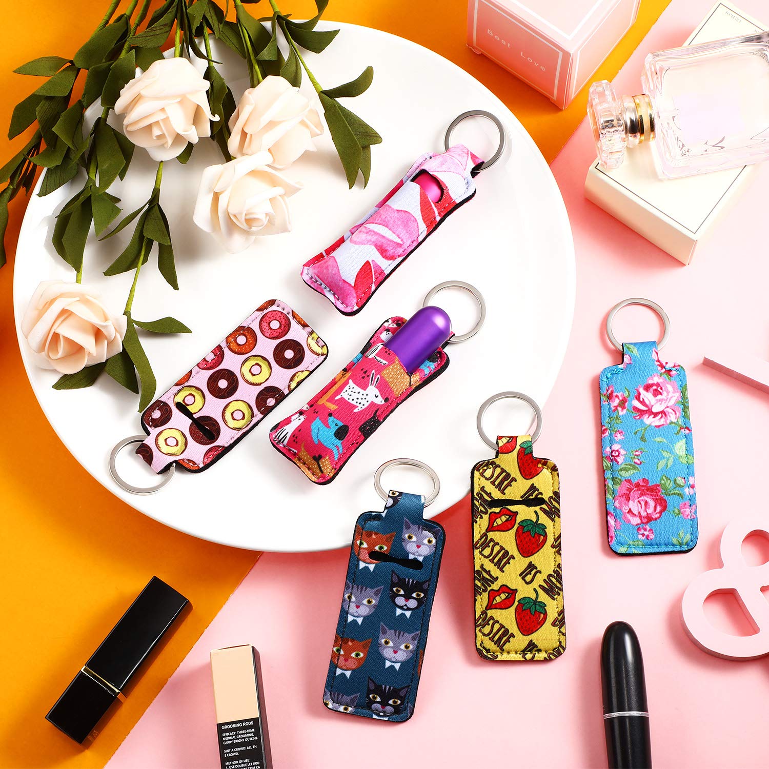 Frienda 12 Pieces Lipstick Holder Keychain Bulk Neoprene Lip Balm Lip Gloss Lipstick Sleeve Pouch with Metal Ring for Lipstick Lip Balm Lanyards Birthday Gift Travel Key Ring Holder