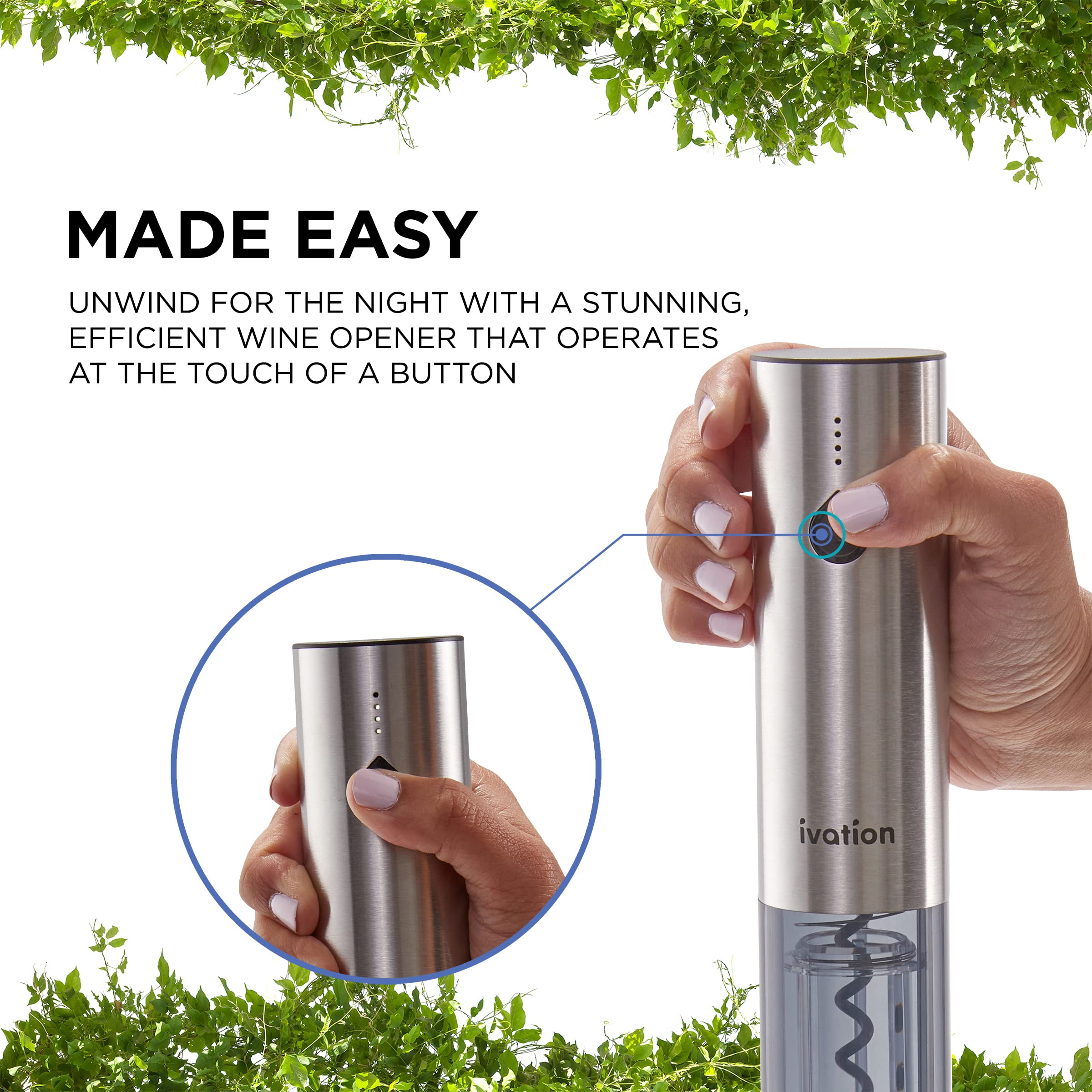 Ivation Rechargeable Automatic Wine Opener | Electric Cork Extractor Tool with Lithium Battery, LED Lights, USB Charging Cable, Bonus Foil Cutter & Elegant Gift Box | Uncorks 50 Bottles Per Charge