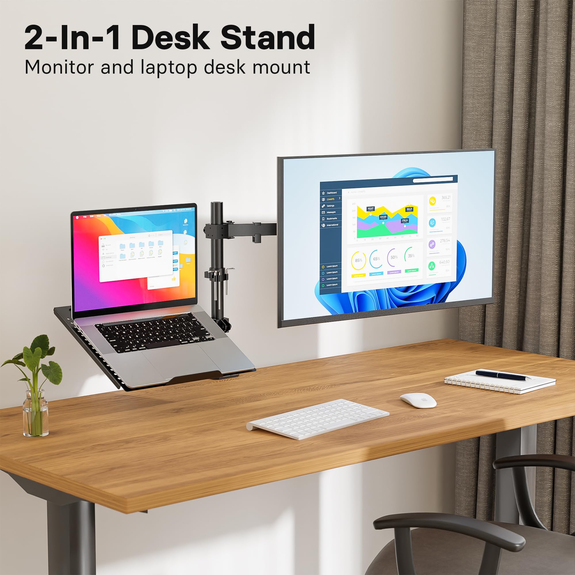 Redbat Monitor and Laptop Stand for 13-32 inch LCD LED Screens, Adjustable Monitor Mount with Laptop Tray Up to 16 inch Laptop/Notebook, Laptop Arm with VESA 75/100mm, 2 Mounting Options