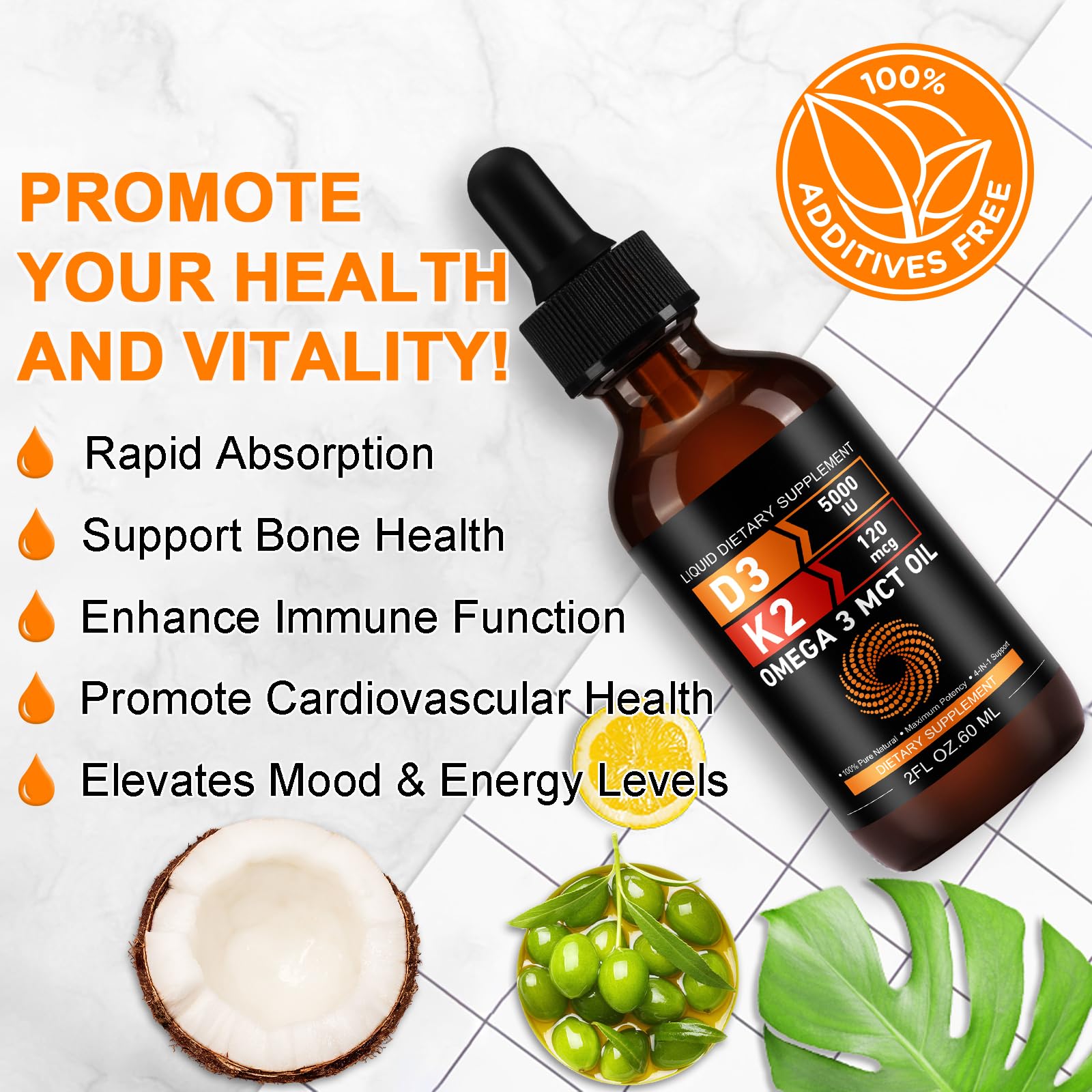 Vitamin D3 5000 IU & K2 (MK-7) 120 mcg 60ml Drops with MCT Oil Omega 3, Liquid Vitamin D3 & K2 Supplements - 2 Months Supply -Supports Bones, Teeth, Mood & Immune System, Calcium Absorption