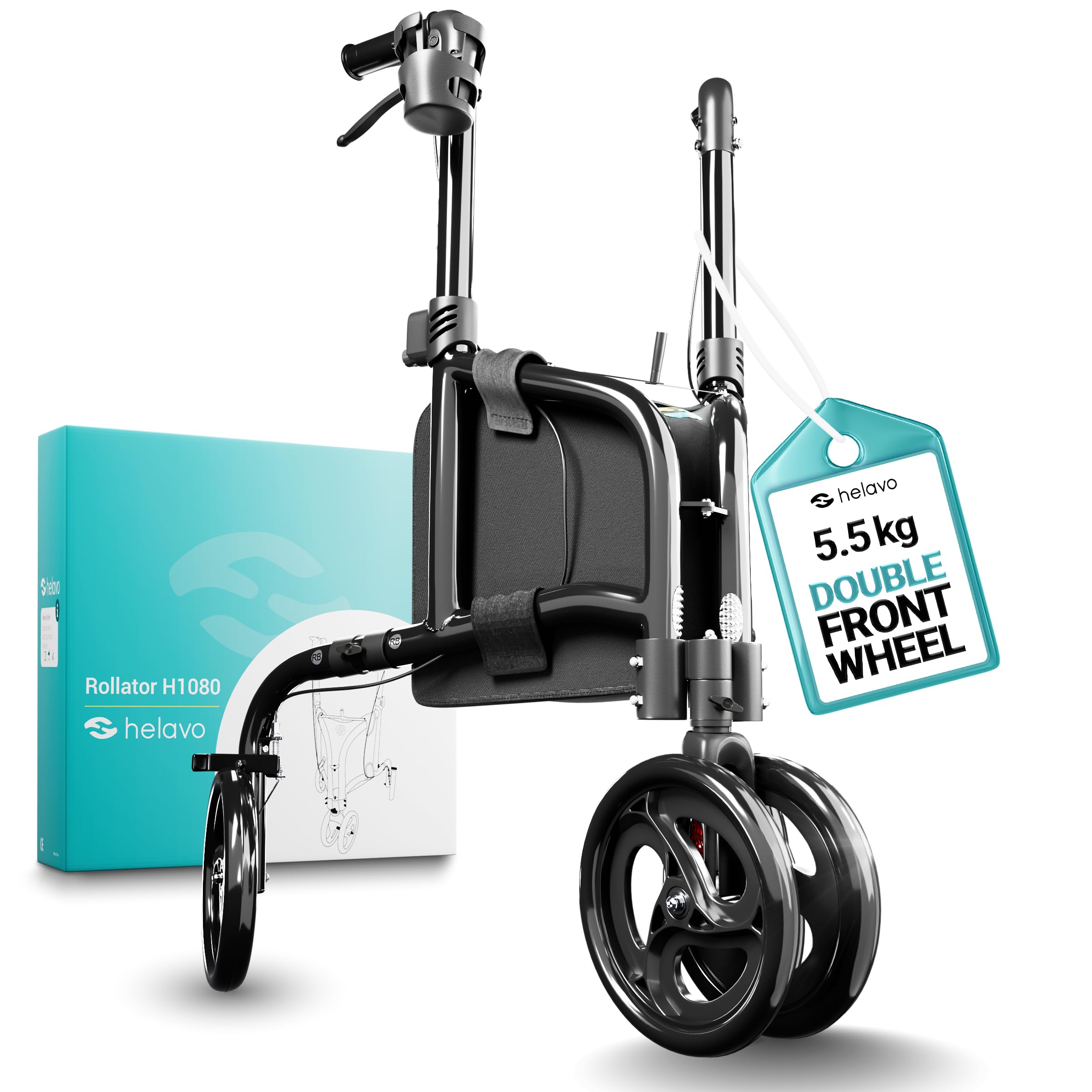 Helavo 3 Wheel Walker for Seniors with Double Front Wheels, Lightweight Foldable Narrow Walker for Small Spaces, Compact Aluminum Mobility Aid with Height Adjustable Handles