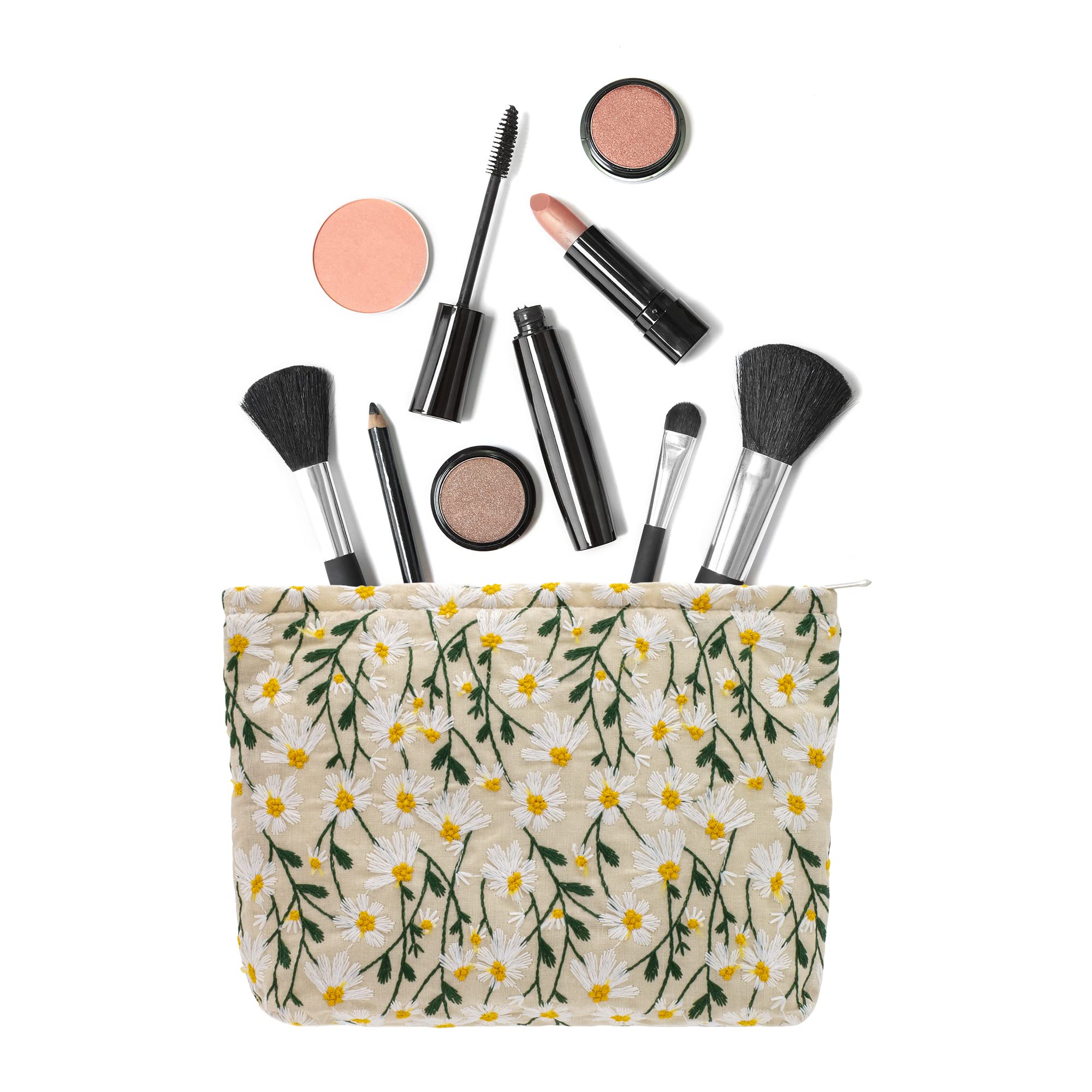 PAZIMIIK Makeup Bags for Purse Zipper Cosmetic Pouch Large Travel Canvas Make Up Organizer Tool Pouch for Women and Girls,Daisy White