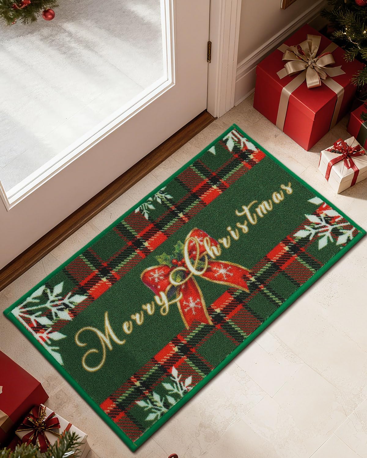 JSEI Door Mat Green Buffalo Plaid Christmas Mat 17"x30", Non-Slip Mats for Entryway with Merry Christmas Greeting and Bow Snowflake Design, Machine-Washable Xmas Doormat for Front Back Door
