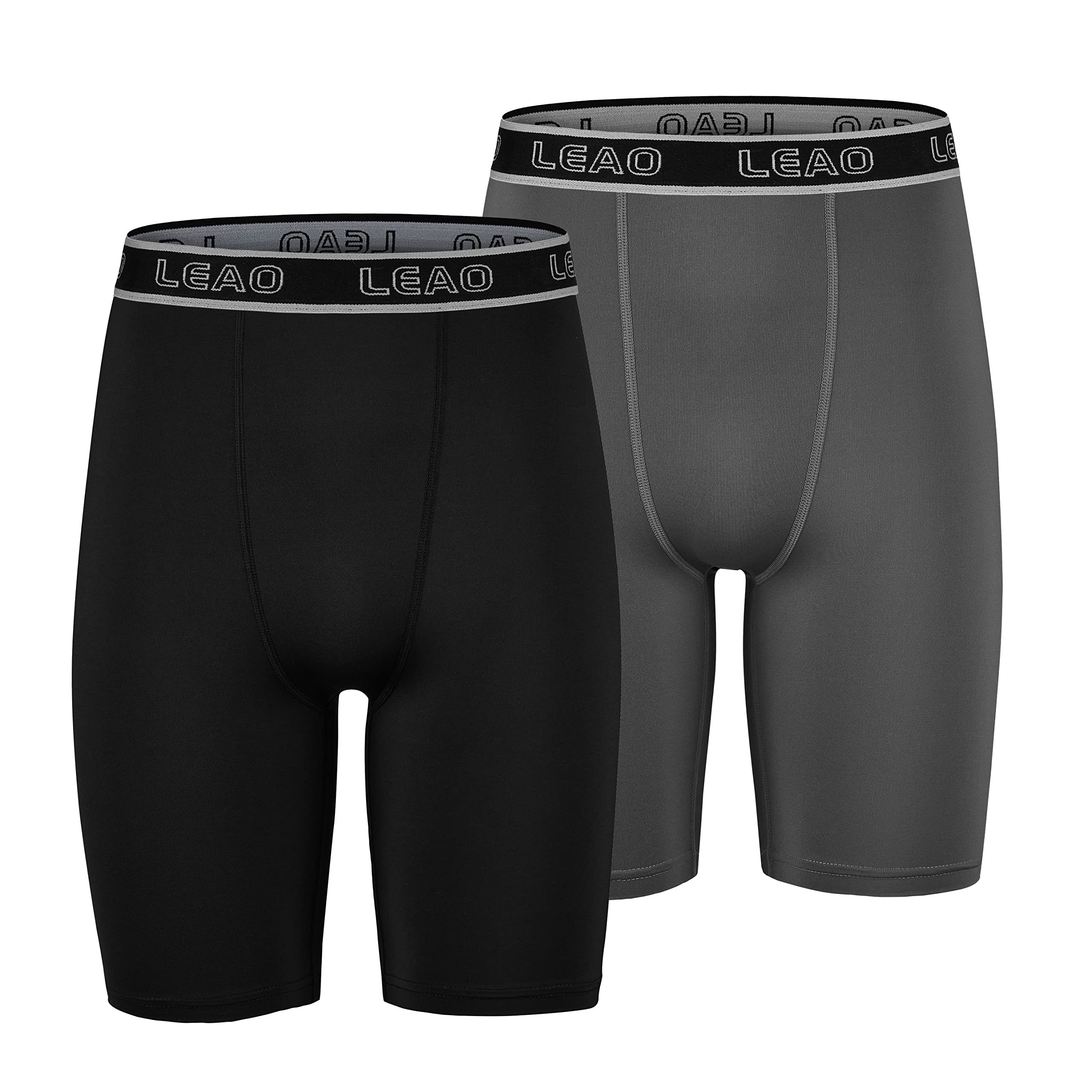 LEAO Youth Boys Compression Shorts 2-pack Performance Athletic Underwear Sports Boxer Briefs Black/Gray L