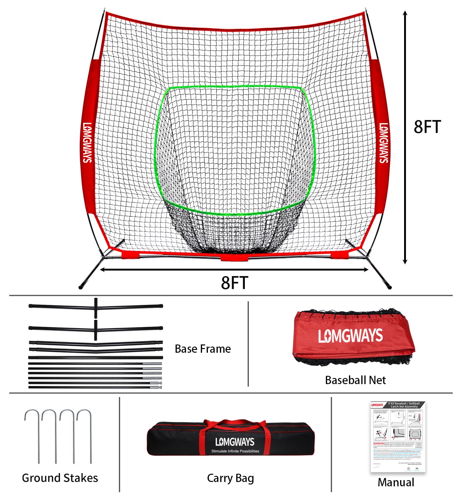 LOMGWAYS 8x8 ft Baseball & Softball Practice Net with Steel Frame for Batting, Hitting, Pitching, Portable Baseball Batting Net with Carry Bag, Great for All Levels