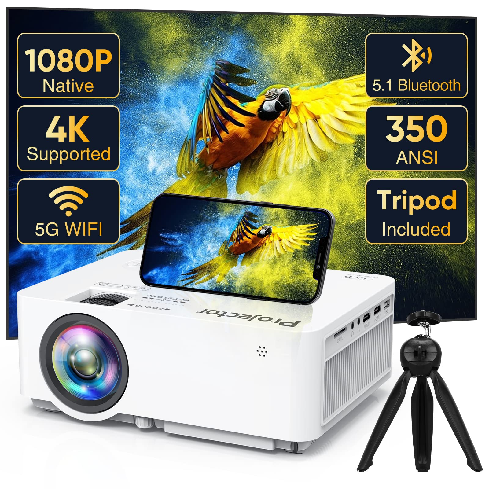 Native 1080P Projector with 5G WiFi Bluetooth (with Tripod), 4K Supported Home Projector, Portable Outdoor Projector with Max 300" Display, Movie Projector Compatible with TV Stick, HDMI, Phone