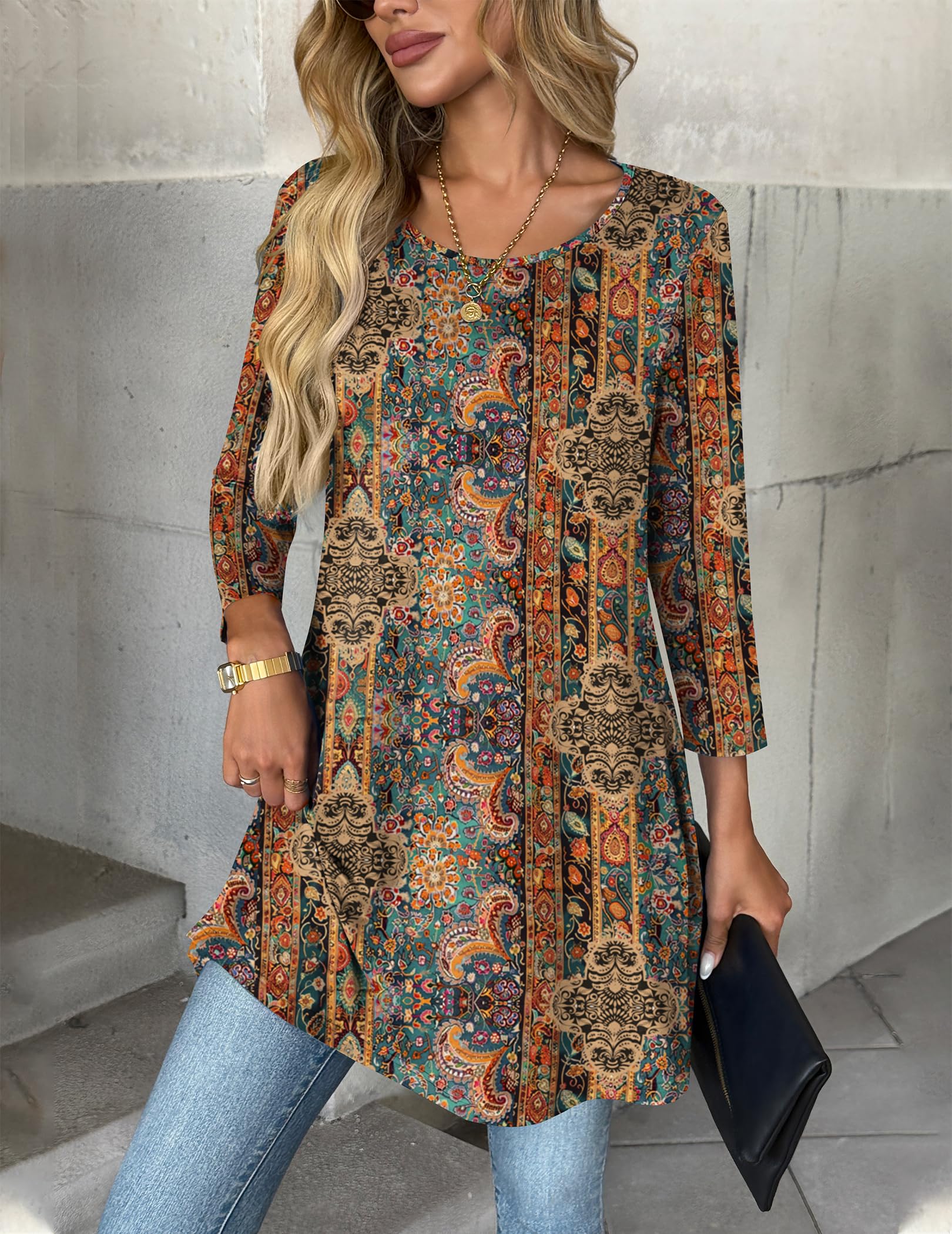 Zeagoo Womens Boho Tops Round Neck 3/4 Sleeve Shirt Fashion Casual Tunic Blouse Summer Loose Fit Tee Tops