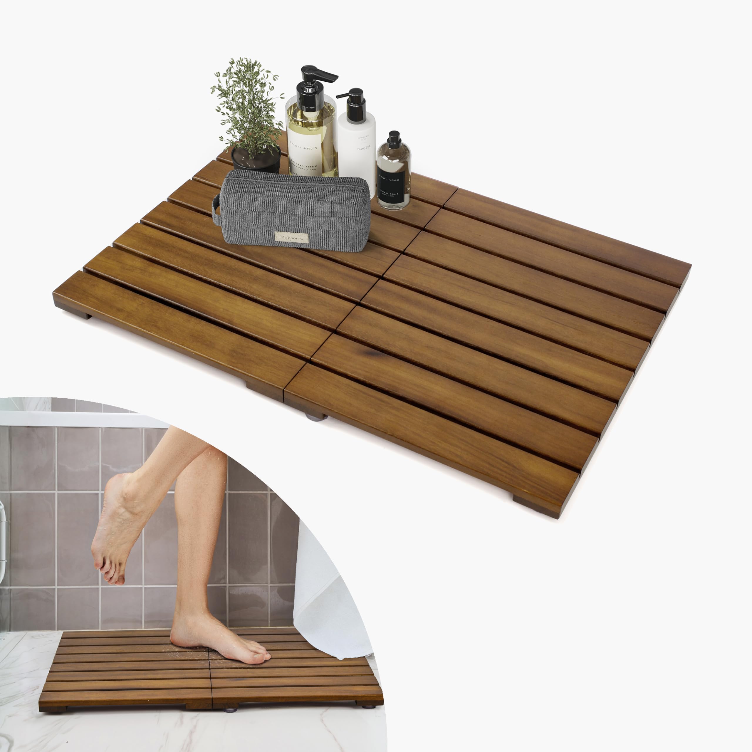Smuxee Foldable Teak Wood Bath Mat, 23.2" x 16.2'' Shower Mat with Non-Slip, Wooden Floor Mat for Bathroom, Pool and Sauna