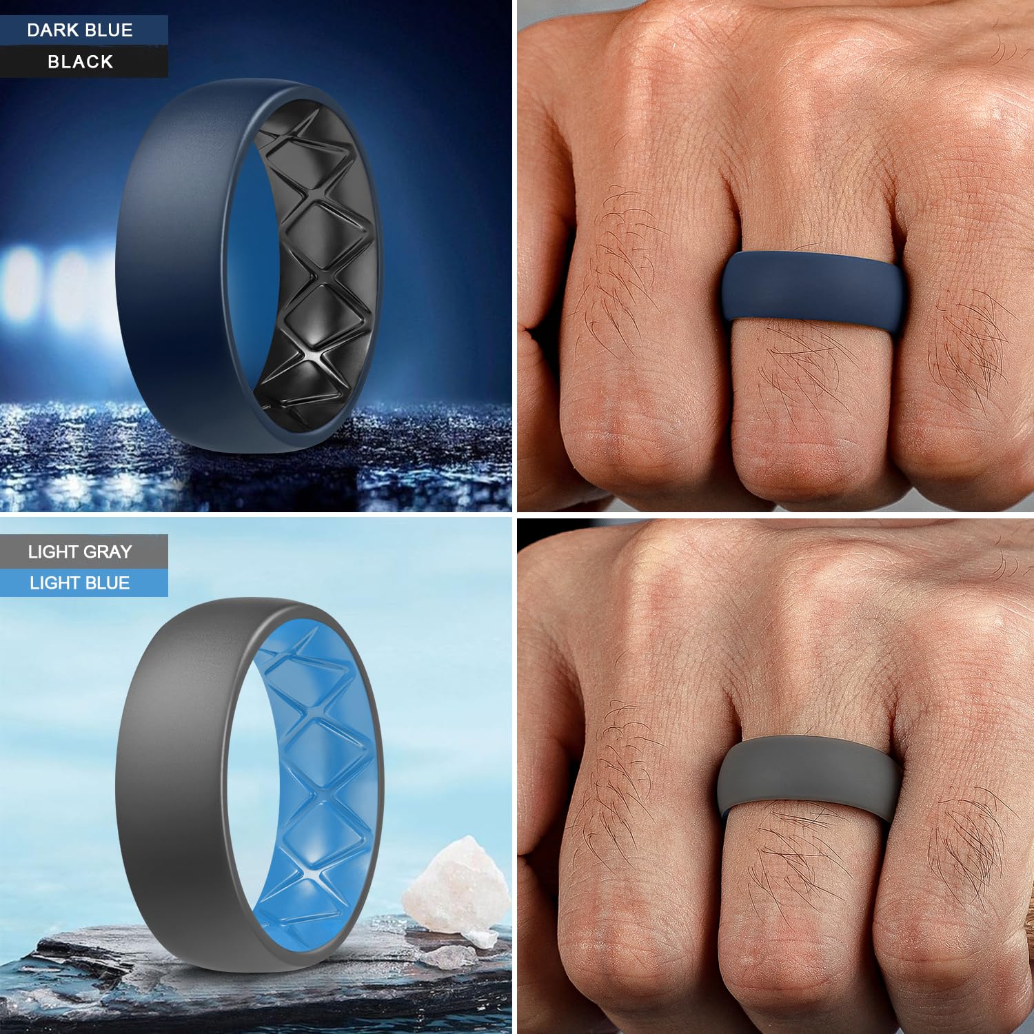 Egnaro Silicone Ring Men 1/4/5/6/7 Multipack of Breathable Mens Silicone Rubber Wedding Rings Bands with Air Flow Grooves