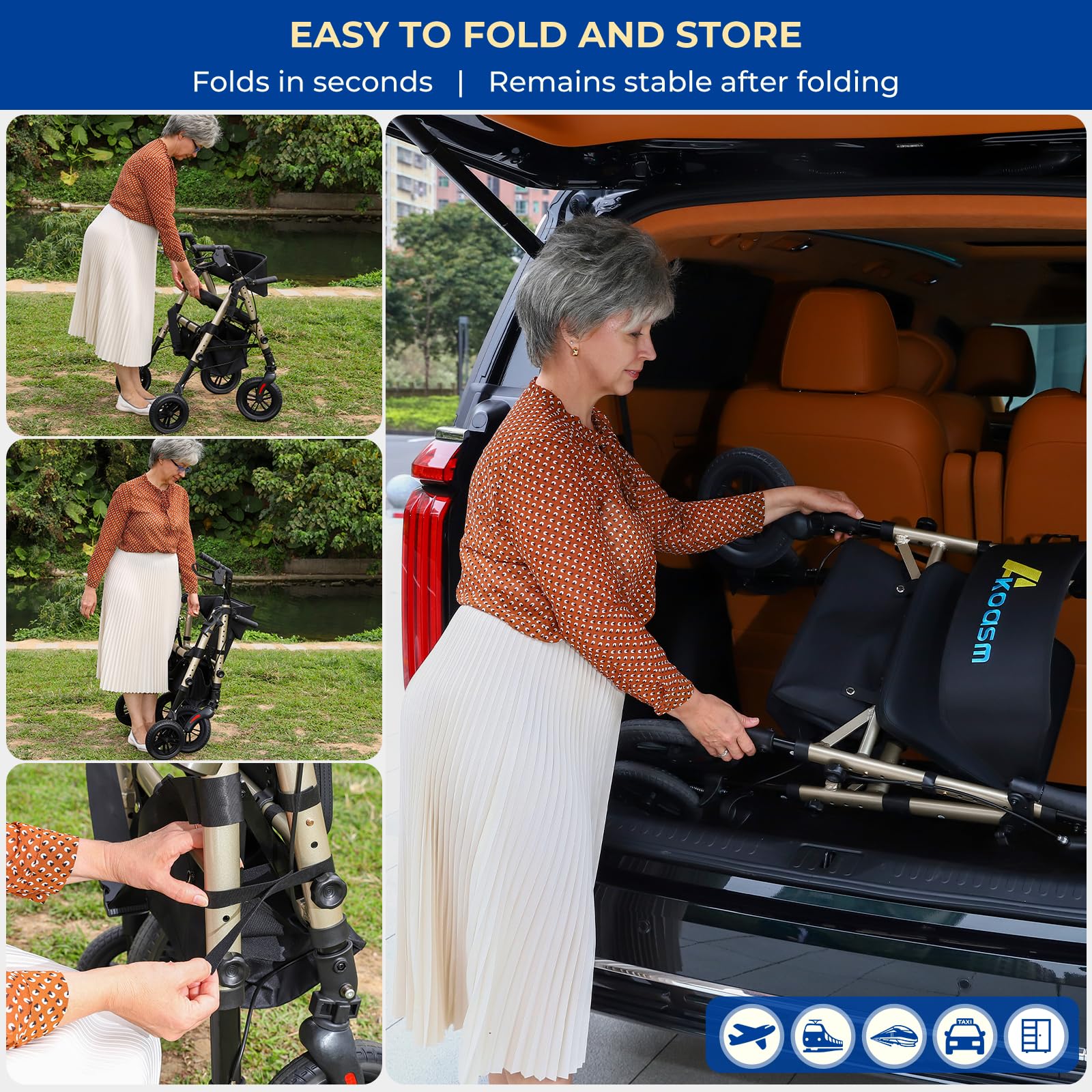 Foldable Rollator Walker for Seniors with Seat, Lightweight 2 In 1 Rolling Walkers Wheelchair Combo for Adult, Transport Chair with Brakes, Adjustable Seat & Handle, 300 Lb. Weight Capacity, Champagne