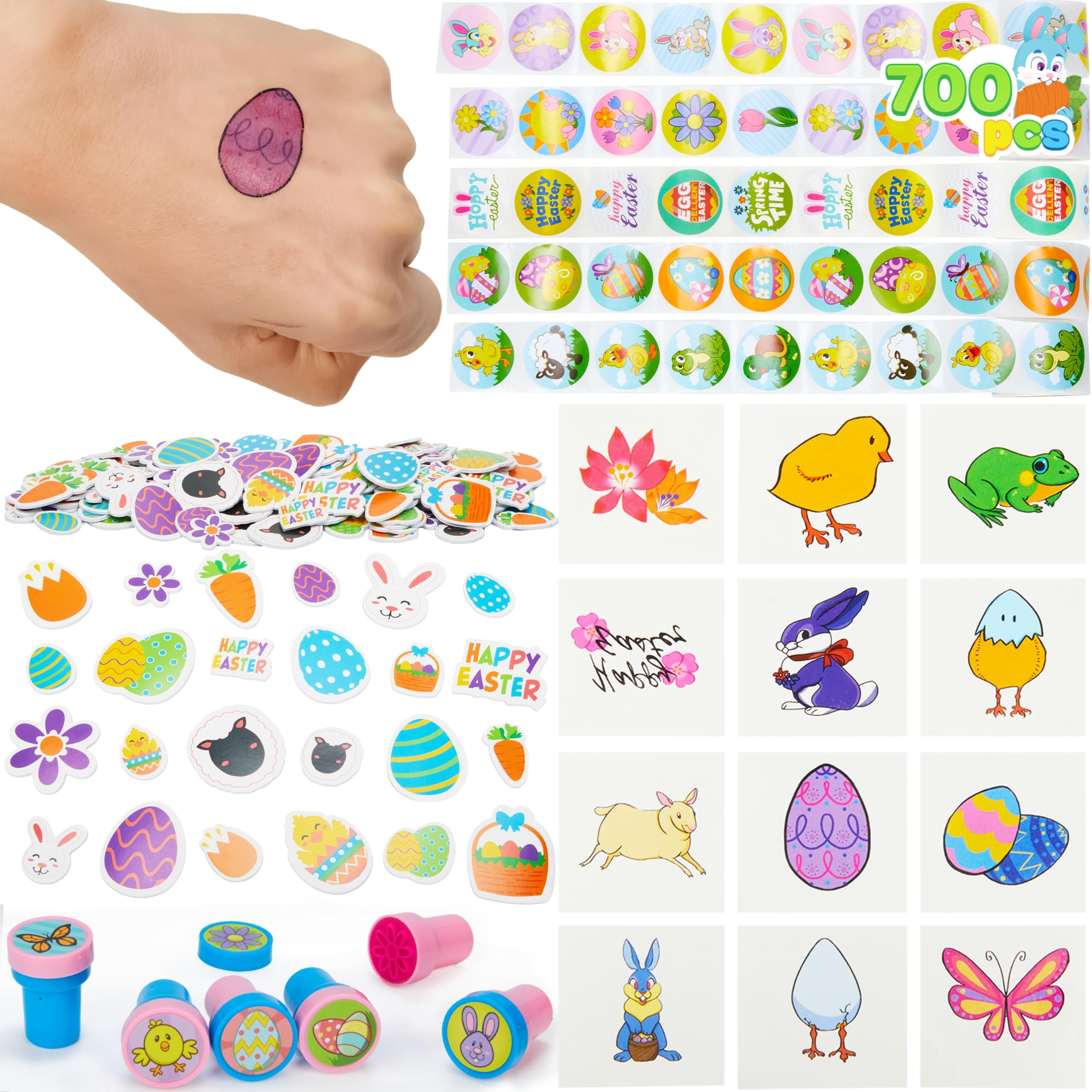 JOYIN Easter Crafts Assortment Kit with 500 Stickers, 144 Easter Shapes Adhesive, 60 Theme Temporary Tattoos and 6 Stampers (over 700 Pcs) for Egg Basket Stuffers Fillers