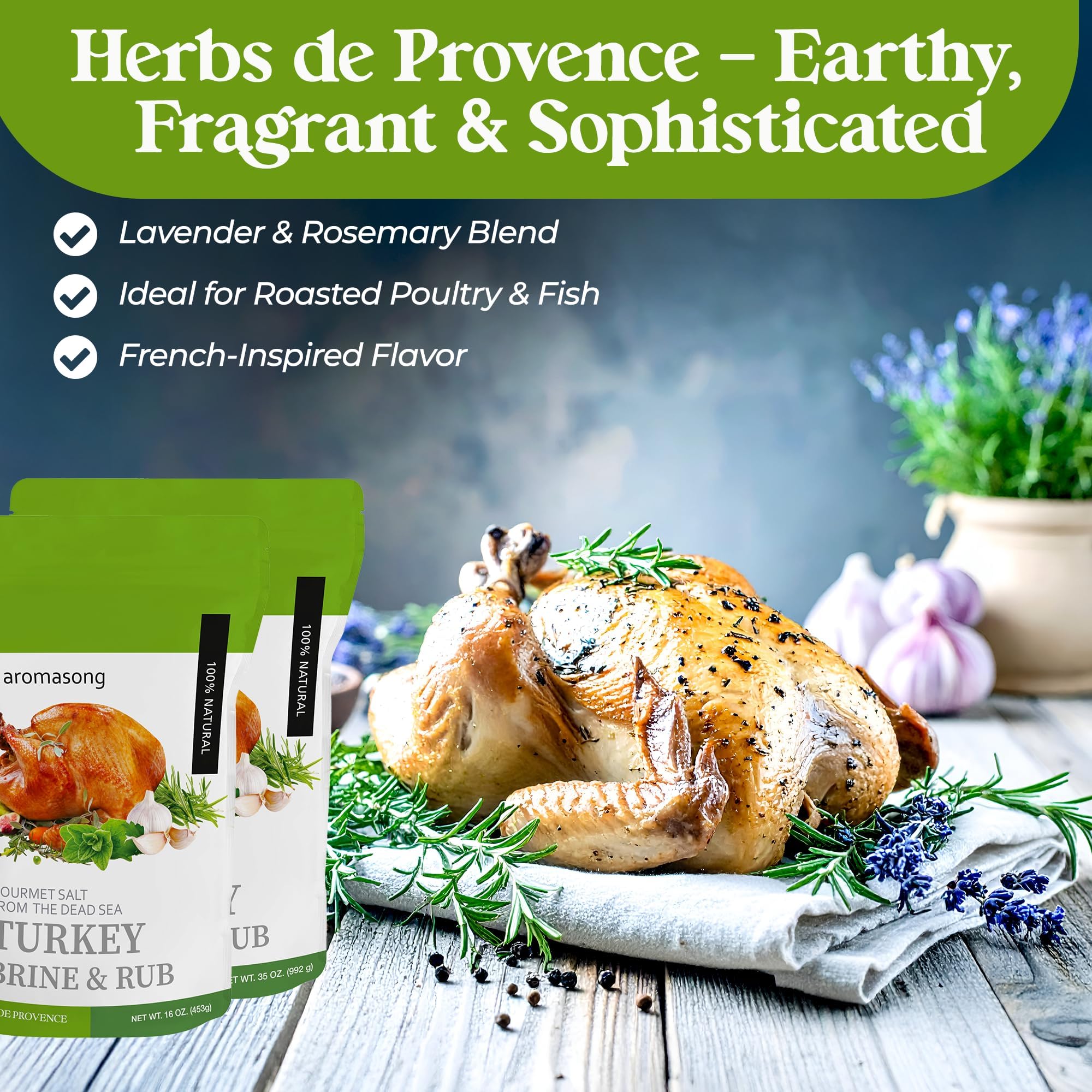 Aromasong Turkey Brine - 100% Natural - 1 LB Pack of 2 - For Wet & Dry Brining. (Herbs De Provence seasoning) for Whole, Smoked, Oven-Roasted or Fried Turkey - Made in USA
