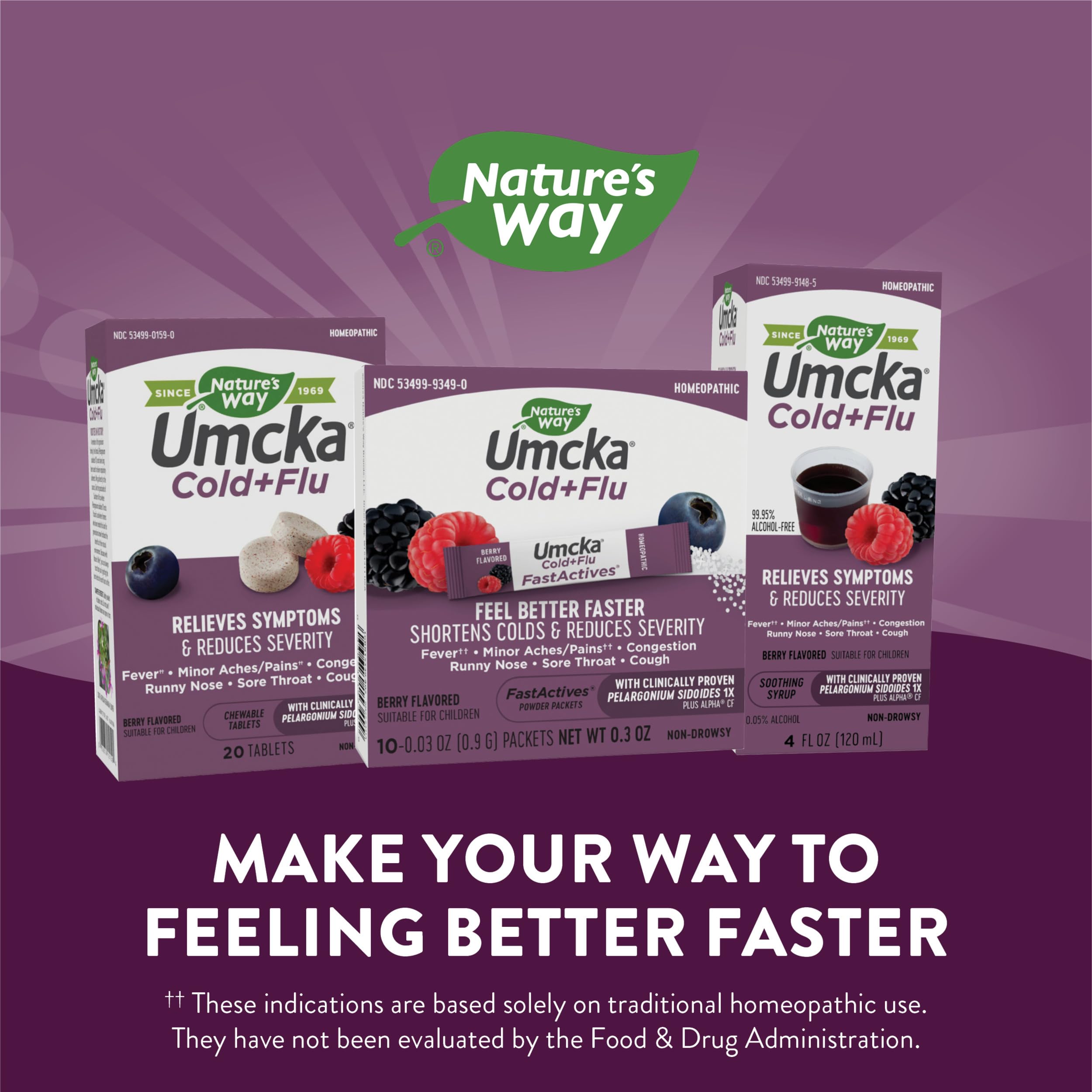 Nature's Way Cold + Flu Relief FastActives, Umcka, Homeopathic, Fever, Sore Throat, Cough, Congestion, Body Aches, Phenylephrine Free, Non-Drowsy, Berry Flavored, 10 Packets (Packaging May Vary)