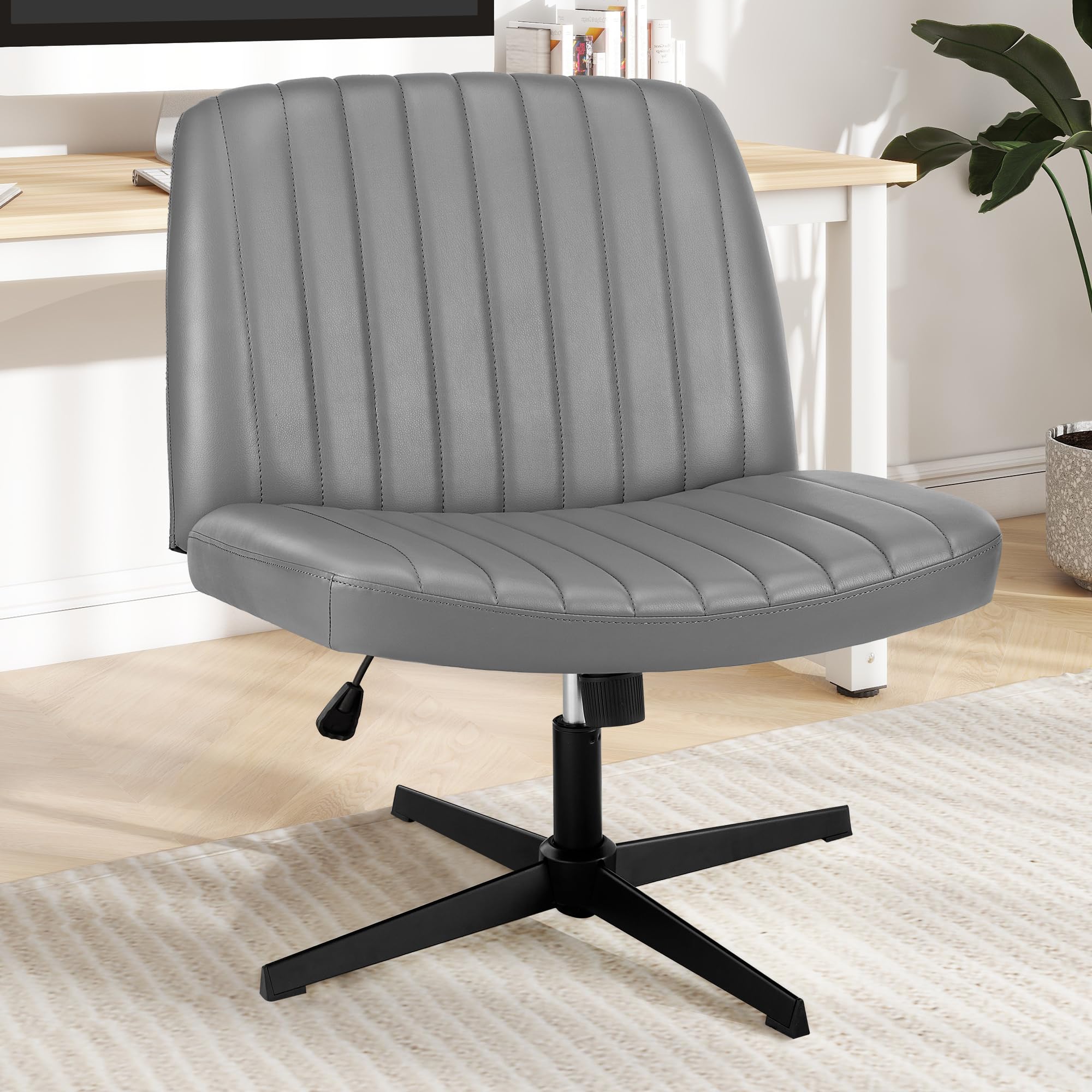 DUMOS Criss Cross Legged Office, Wide Comfty Desk, Wheels Armless Computer Task, Swivel Vanity Home Chair, Height Adjustable, Roman Silver
