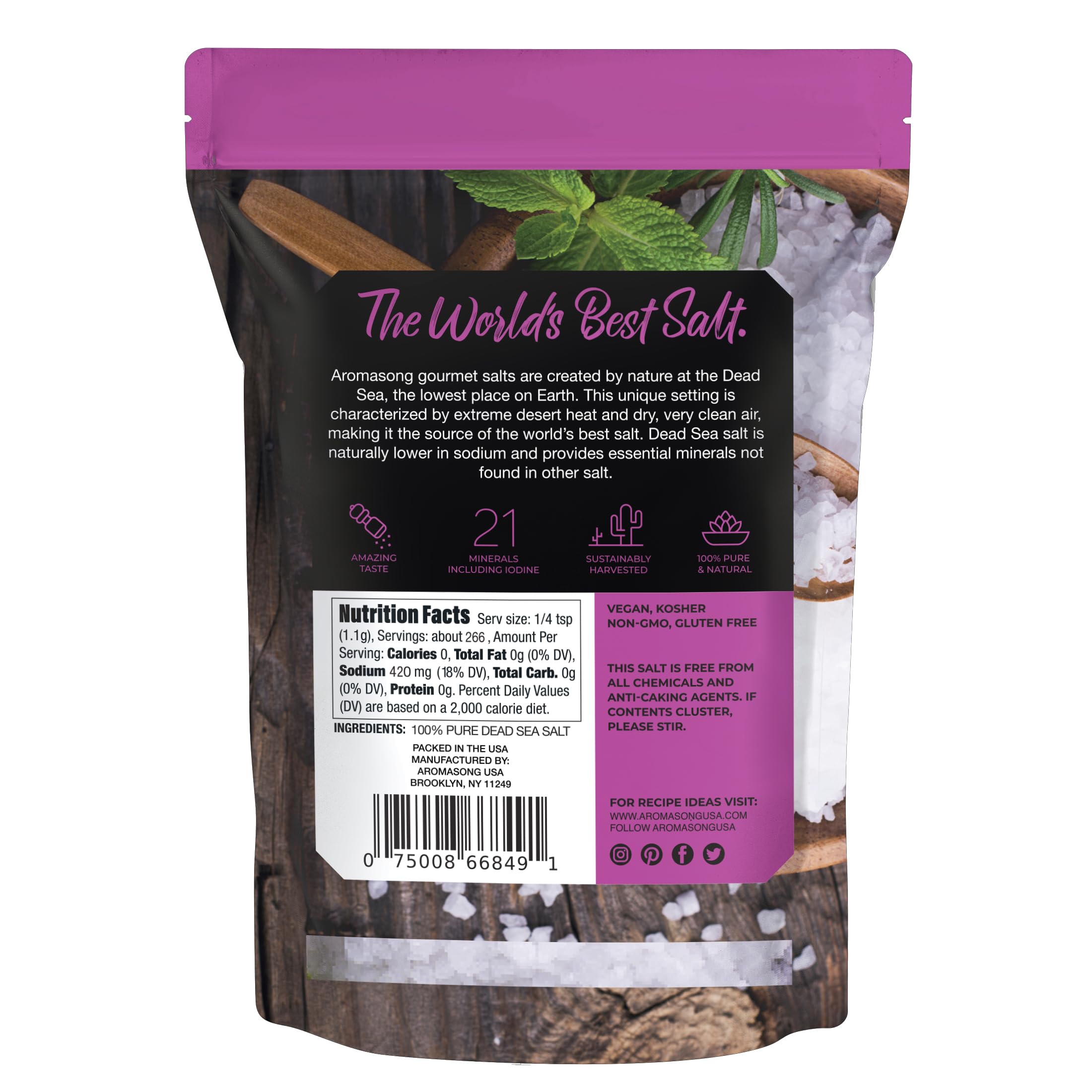 Aromasong Coarse Sea Salt for Grinder Refill - Dead Sea Salt in Resealable Bag - Pure & Natural Sun Dried, Unrefined, Gluten Free, For Daily Cooking & Pickling Salt - 14 oz.