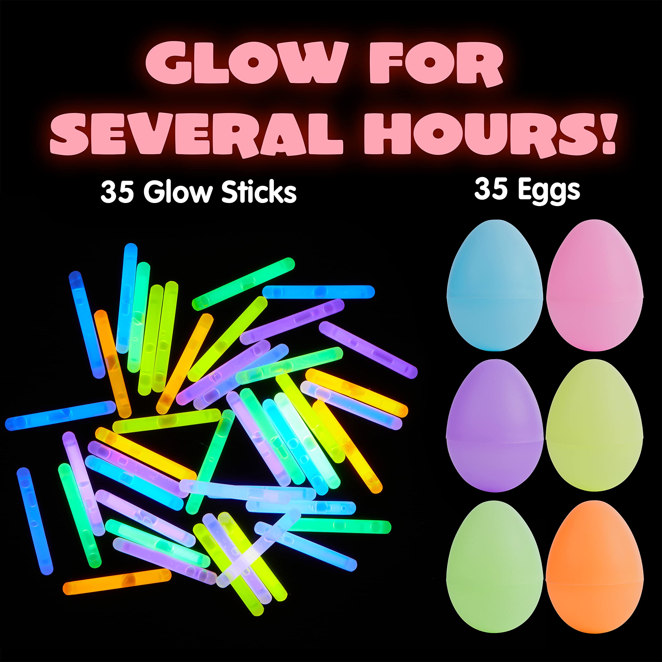 JOYIN 35 Pcs Easter Eggs with 35 Mini Glow Sticks for Kids Glow-in-The-Dark Basket Stuffers Fillers Gift, Easter Egg Hunt Game Party Favors Decorations Supplies, Classroom Prizes