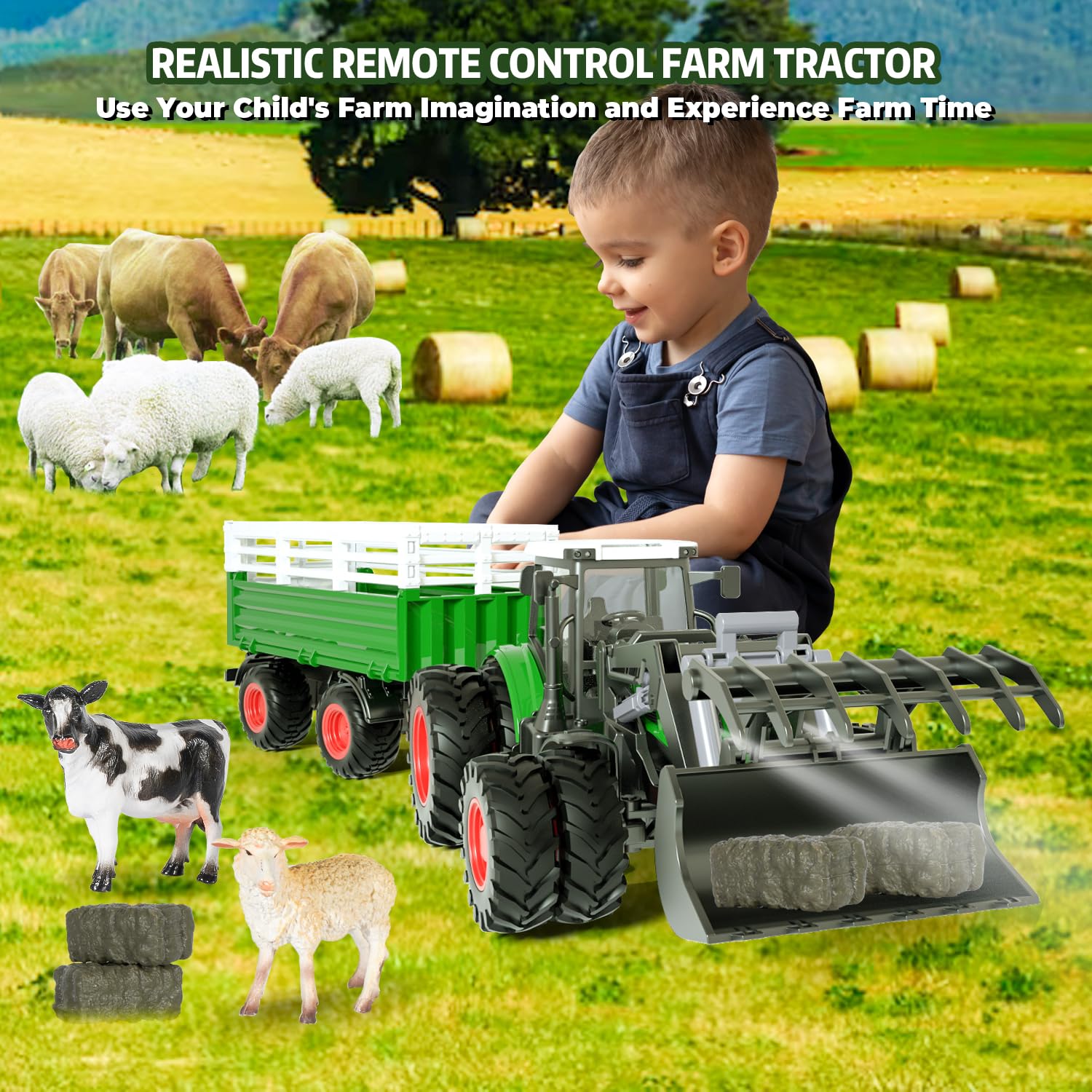 Remote Control Tractor Toy, 2.4 Ghz RC Tractor Toys for Kids 3-5, Toy Tractors Set with Trailer and Light/Loading Arm, Farm Animal Toys Include Cows, Sheep and Hay Bales, Toys for Boys 5-7