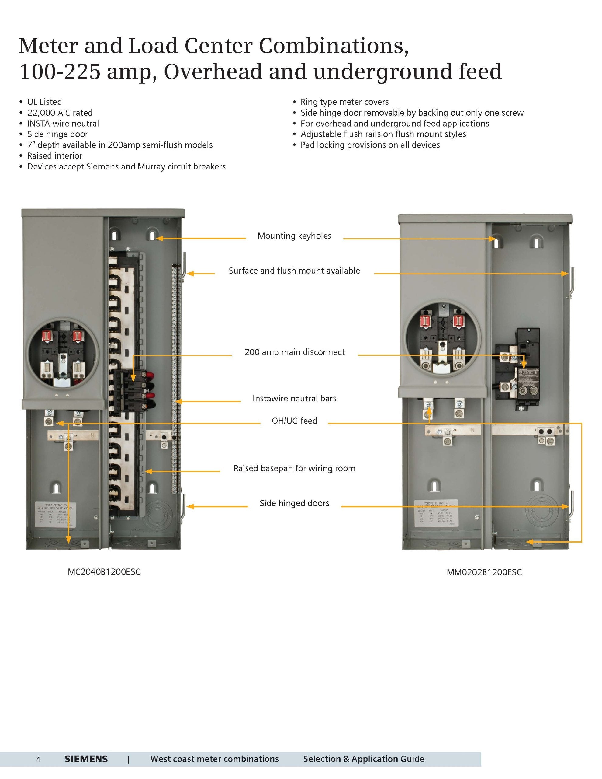 Siemens MC2040B1200EFC 20 Space 40 Circuit 200 Amp Flush Mount Meter Load Center Combination with Ring Type Cover