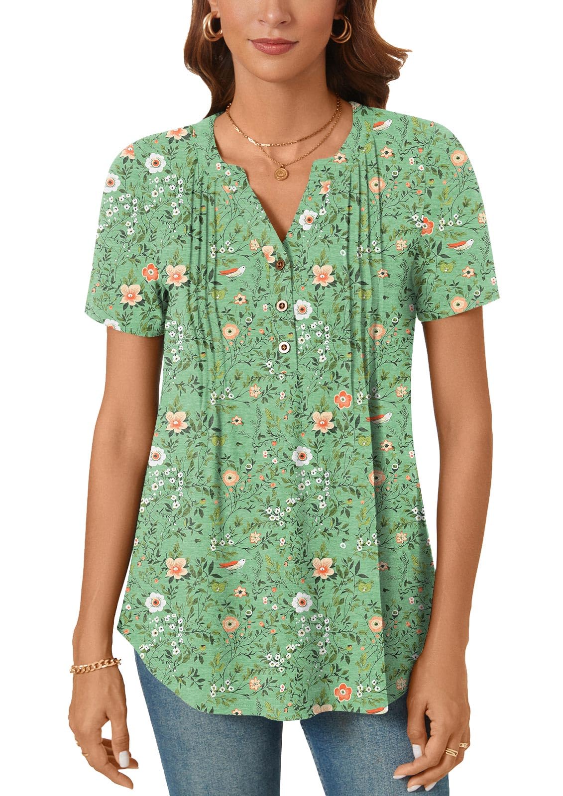 Bestbee Womens Summer Tops Short Sleeve Tunics Dressy Casual Blouses 2025 Henley Neck Button-Down Shirts, L, Green flowers
