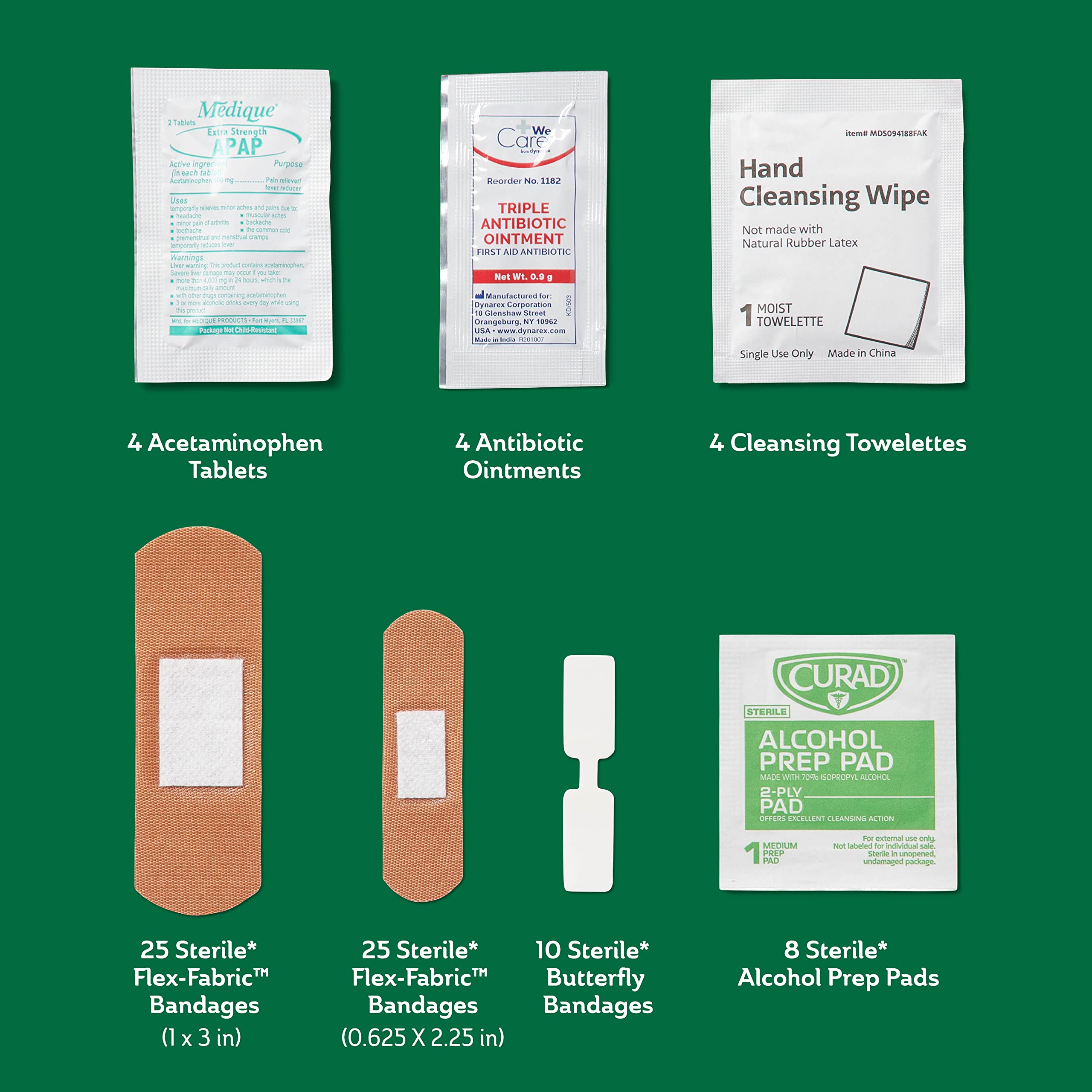 Curad Compact First Aid Kit with Over-The-Counter Medicine,All Purpose,Flex-Fabric and Butterfly Bandages,Antibiotic Ointment,Cleansing Towelettes,Alcohol Prep Pads,Acetaminophen,Carry Case, 80 Count