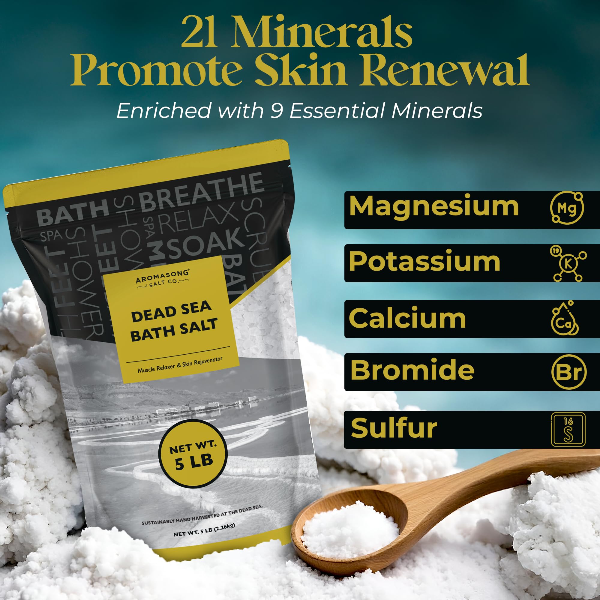 Aromasong Dead Sea Bath Salt - 100% Pure & Natural Dead Sea Salts for Soaking Fine Grain 5 LB - Bulk Resealable Pack (Packaging May Vary) Used for Body wash Scrub - Soak for Women & Men.
