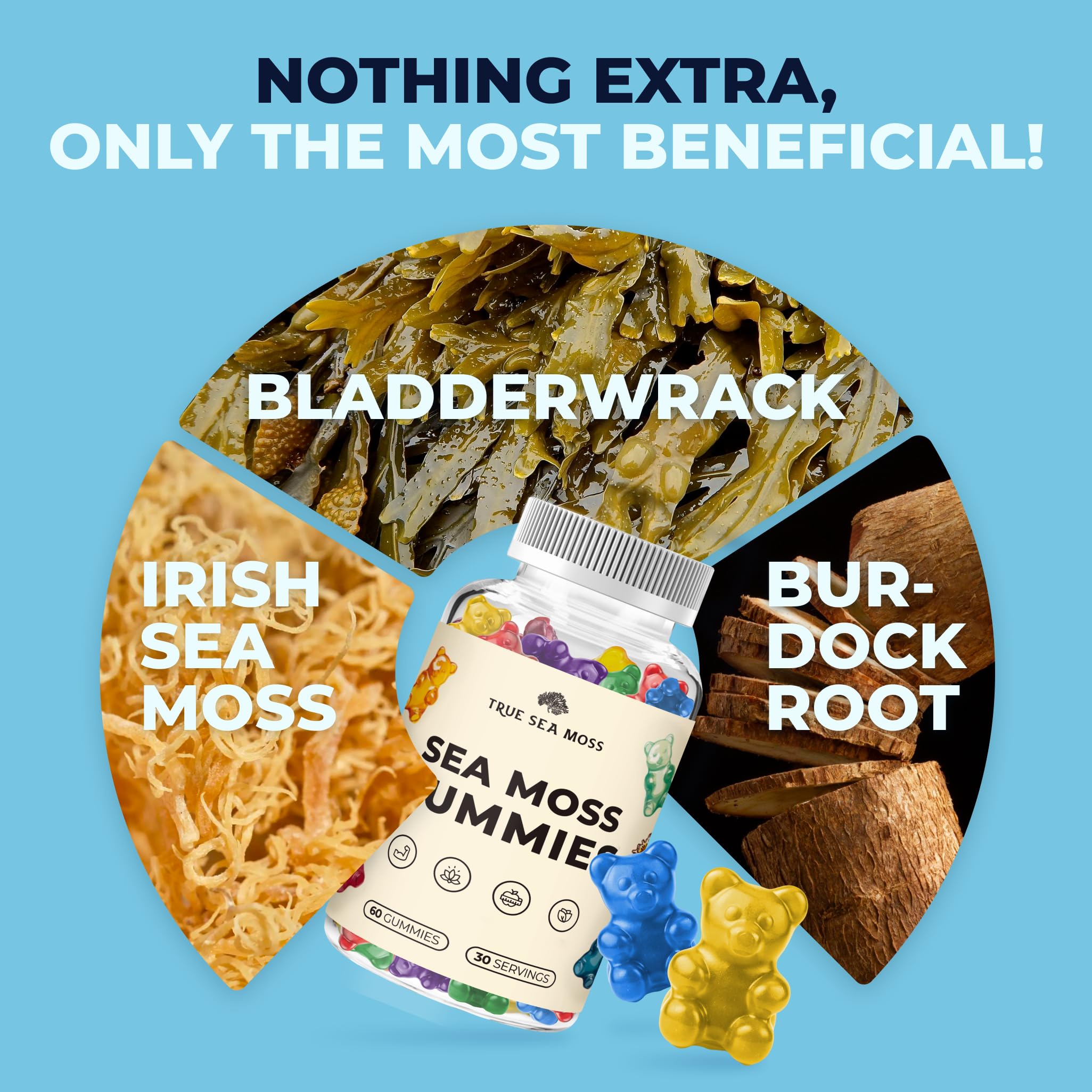 TrueSeaMoss Irish Sea Moss Gummies with Burdock Root & Bladderwrack - Vegan Seamoss Supplement for Women, Men & Kids, Non-GMO, 60 Sea Moss Gummies