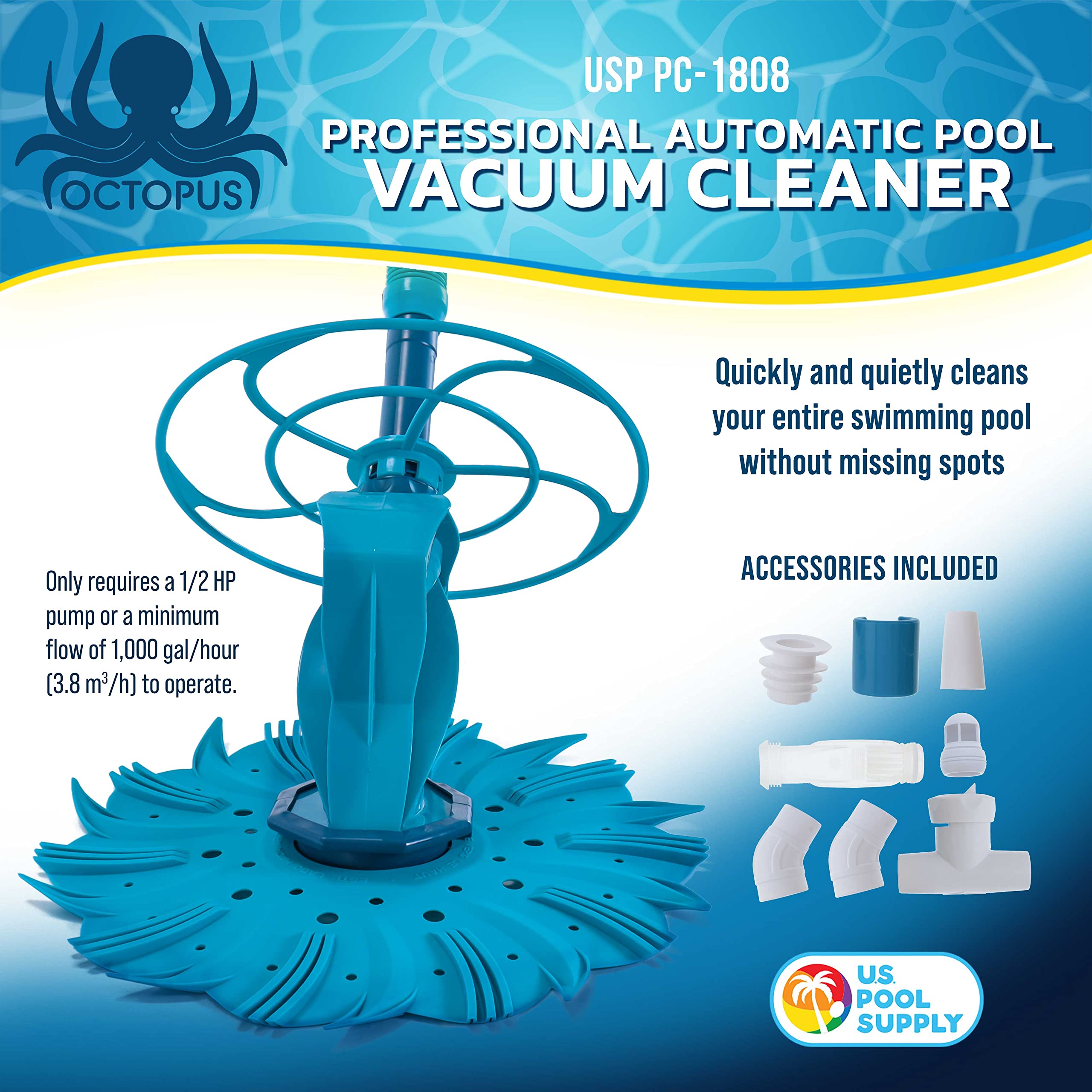 U.S. Pool Supply Octopus Suction Pool Cleaner, Inground Automatic Pool Vacuum Cleaner with Hose - Swimming Sweeper Vac Cleaning Suction-Side Cleaners - Auto Creepy Sweeps Removes Debris, Leaves Cleans