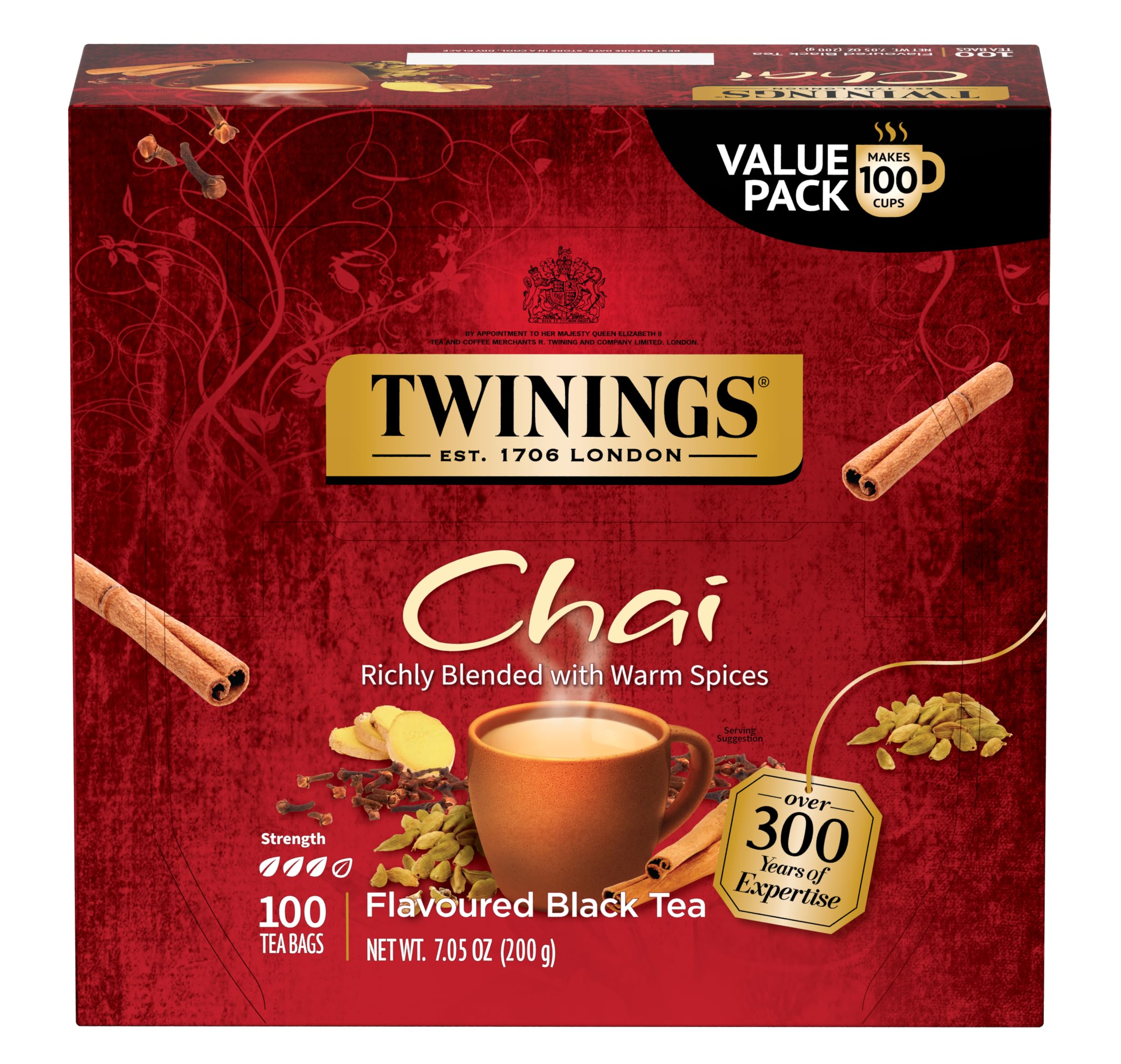 Twinings Chai Black Tea Individually Wrapped Bags, 100 Count (Pack of 1), Richly Blended with Warm Spices, Caffeinated, Enjoy Hot or Iced
