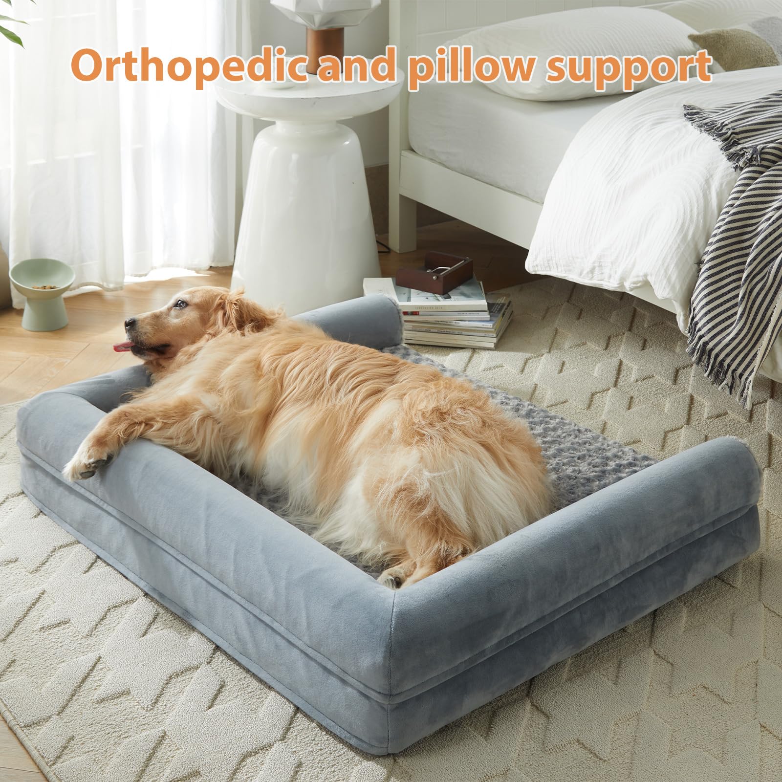 LNSSFFER Washable Dog Beds for Large Dogs, Orthopedic Dog Sofa Bed with Removable Cover & Waterproof Lining, Washable Pet Couch Bed with Sides, Memory Foam Dog Bed for Large Dog & Cat Sleeping, Grey