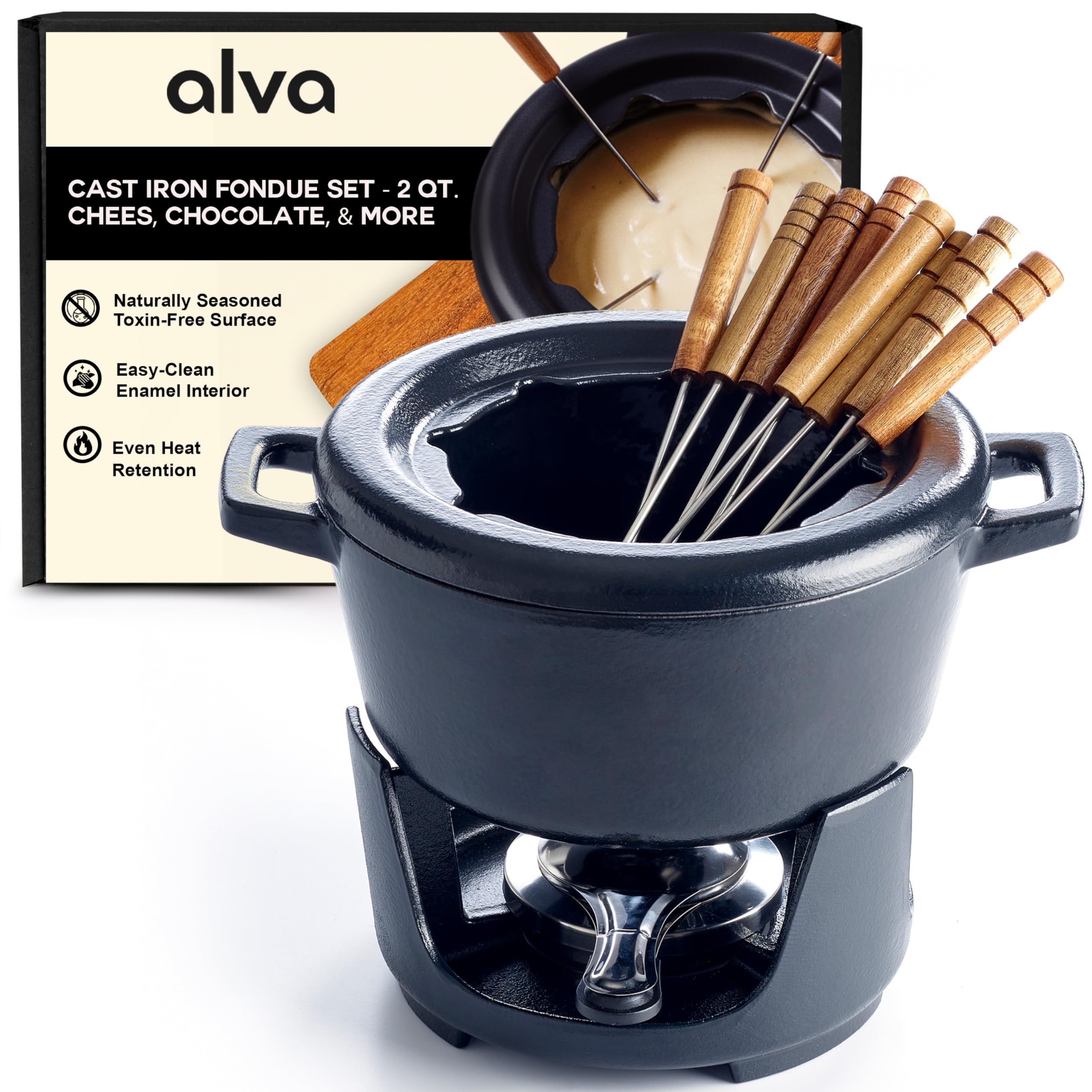 Alva Nori Cast Iron 2-Qt Fondue Pot Set – Made With No PTFE/PFOA/PFAS, Oven Safe – Works on Induction – 3-Layer Enamel, Easy to Clean, No Seasoning Needed – Includes 8 Forks, Burner & Stand