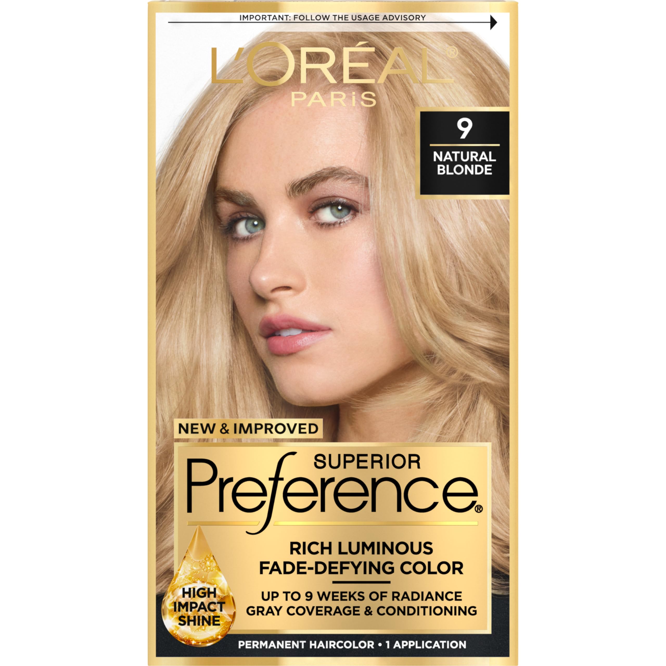 L'Oreal Paris Superior Preference Fade-Defying + Shine Permanent Hair Color, 9 Natural Blonde, Pack of 1, Hair Dye