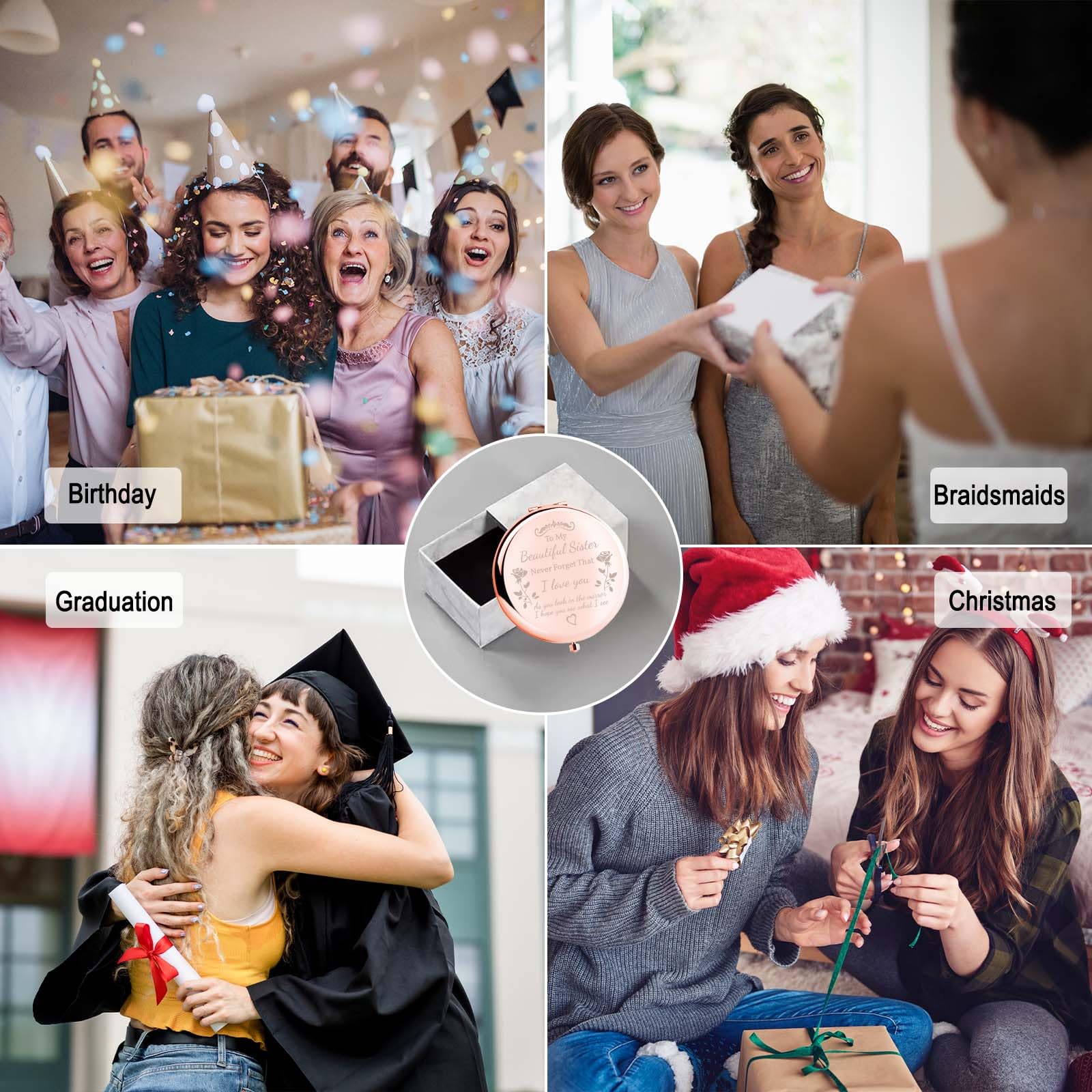 boutikpro Sister Gifts Compact Mirror, to My Beautiful Sister Gorgeous Rose Gold Compact Mirror Unique Friend Gift Mirror for Women Girls Sisters for Women BFF