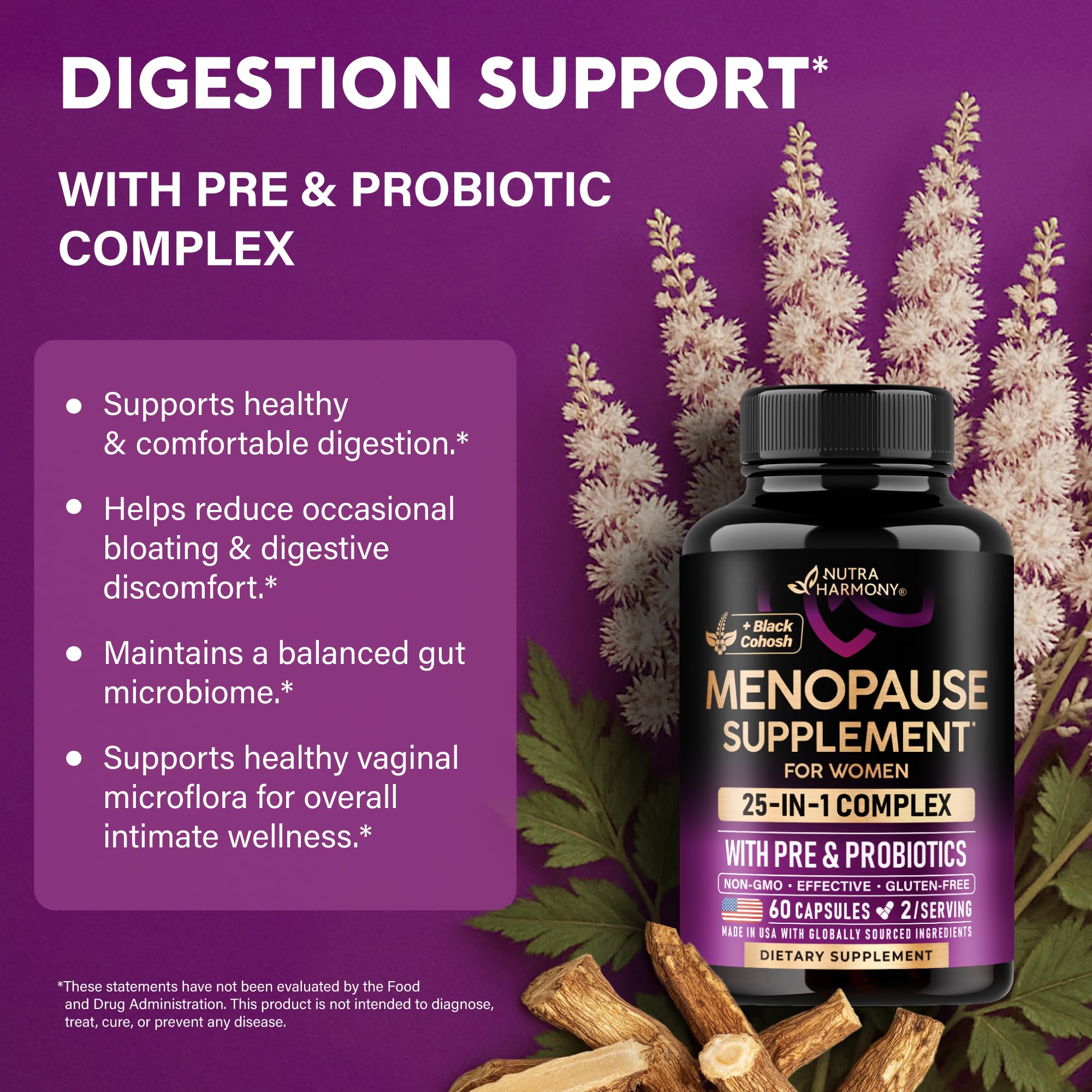Menopause Supplements for Women - Dong Quai, Black Cohosh, Pre & Probiotics - Sweats & Hot Flashes Relief - Digestion, Sleep & Mood Support - 25-in-1 Perimenopause Complex - Made in USA - 60 Capsules