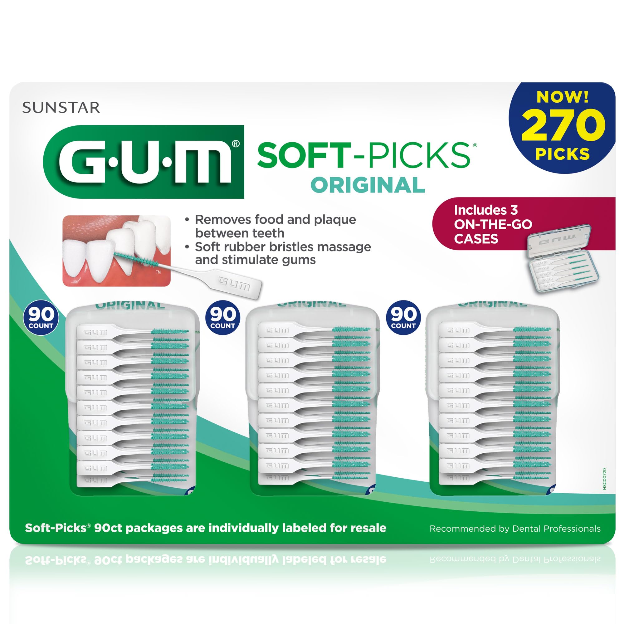GUM Soft-Picks Original, Easy to Use Dental Picks for Teeth Cleaning and Gum Health, Disposable Interdental Brushes with Convenient Carry Case, Dentist Recommended Dental Picks, 270ct