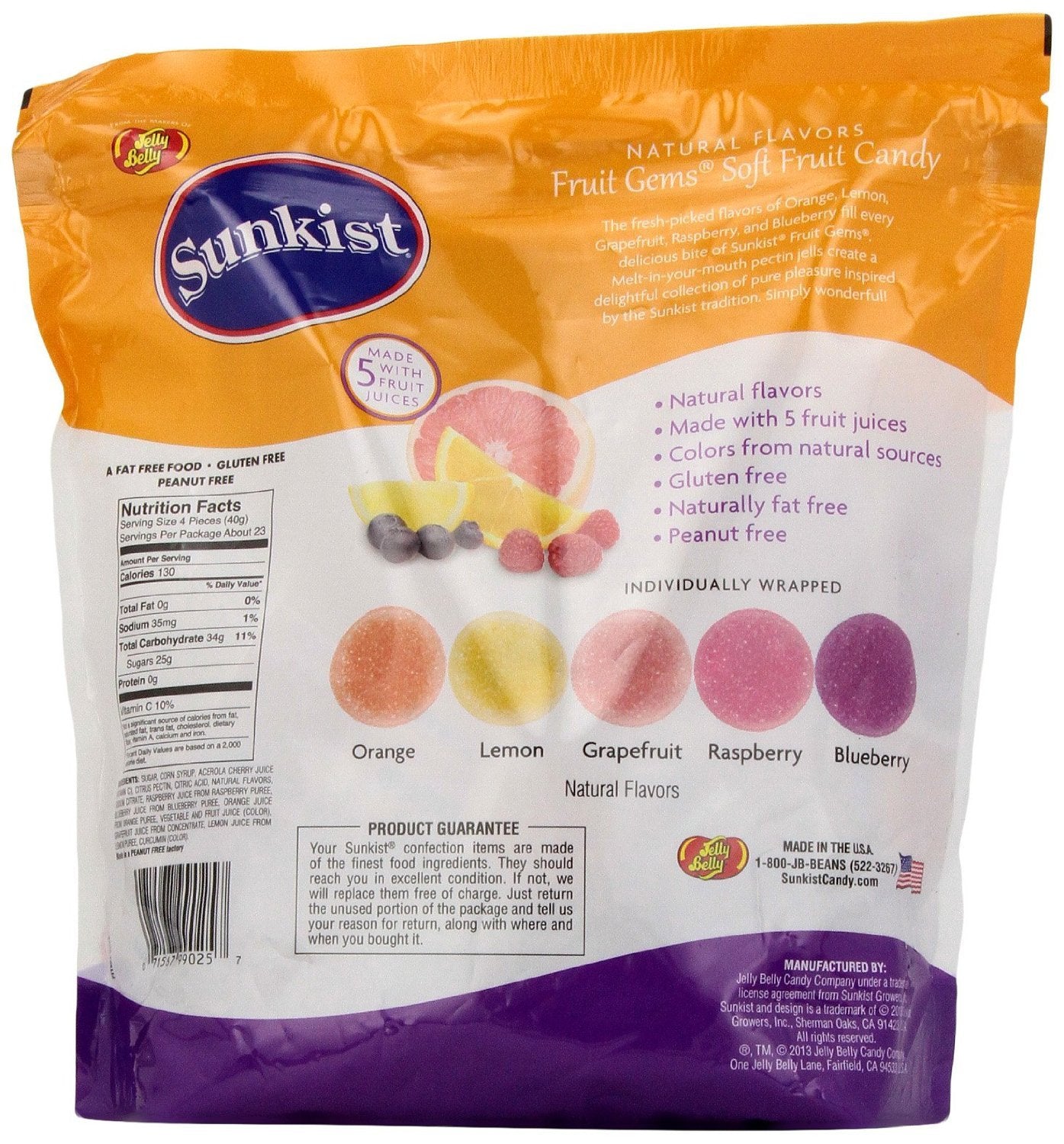 Jelly Belly, Sunkist, Fruit Gems, Soft Fruit Candies, 2lb Bag (Pack of 2)