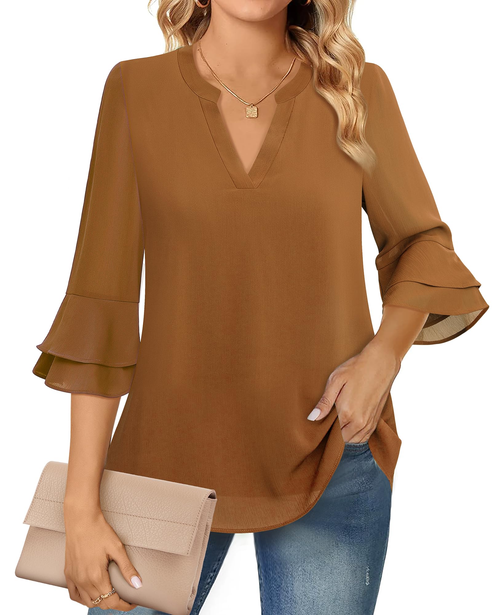 Lotusmile Casual Work Tops for Women, Ladies Chiffon 3/4 Sleeve Tops and Blouses for Fall Tunic Length Notch V Neck Top Work Outfits for Women Office (Marmalade, M)