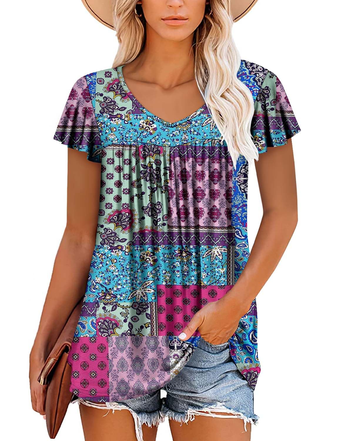Womens Ruffle Short Sleeve Tunic Tops V Neck Loose Fit Flowy Blue Blocks Summer Tops XXL