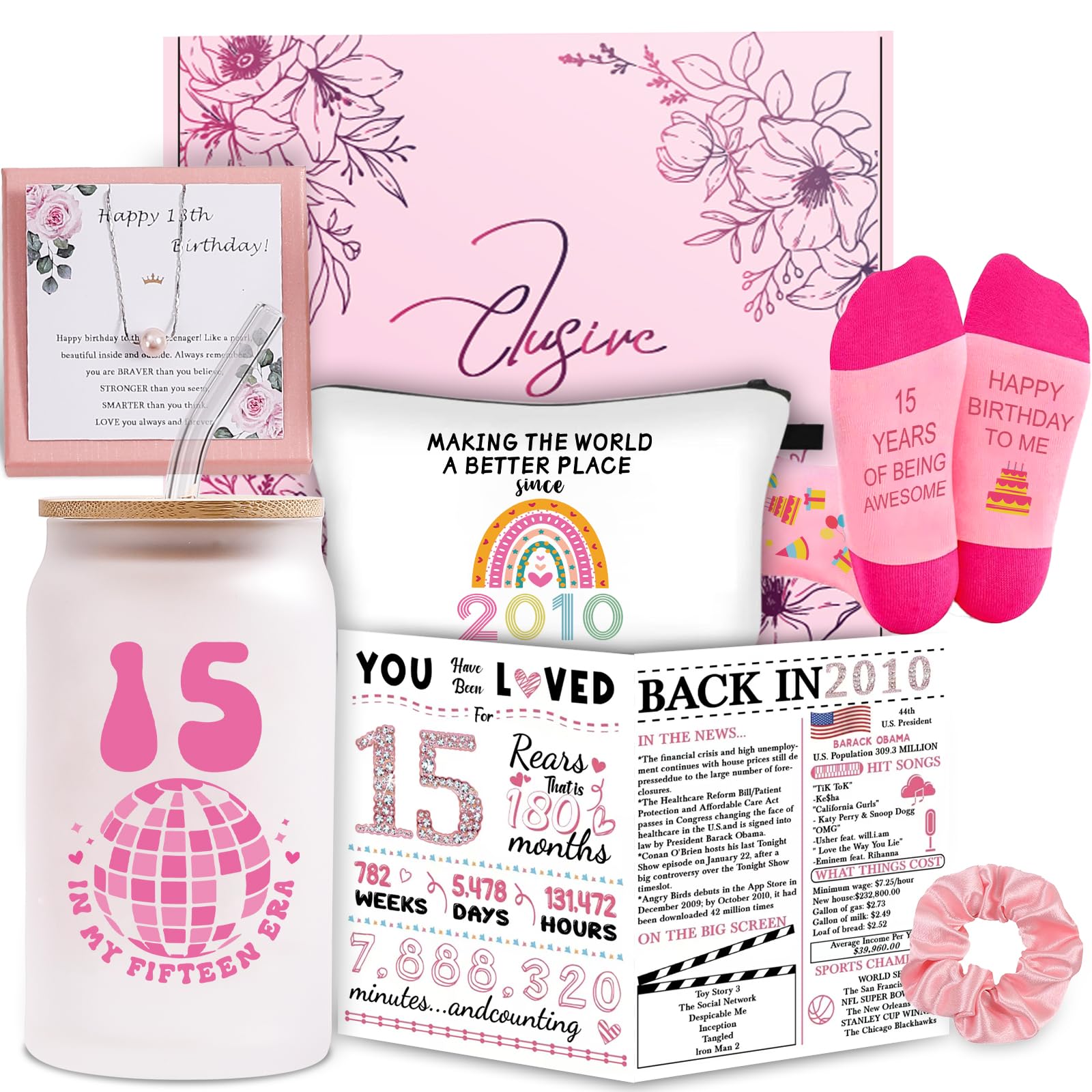 SIPBYSOP 15th Birthday Gift Set for Girls Born in 2010: Glass Cup, Necklace, Socks, Cosmetic Bag, Card - Cute 15 Year Old Girl Gifts